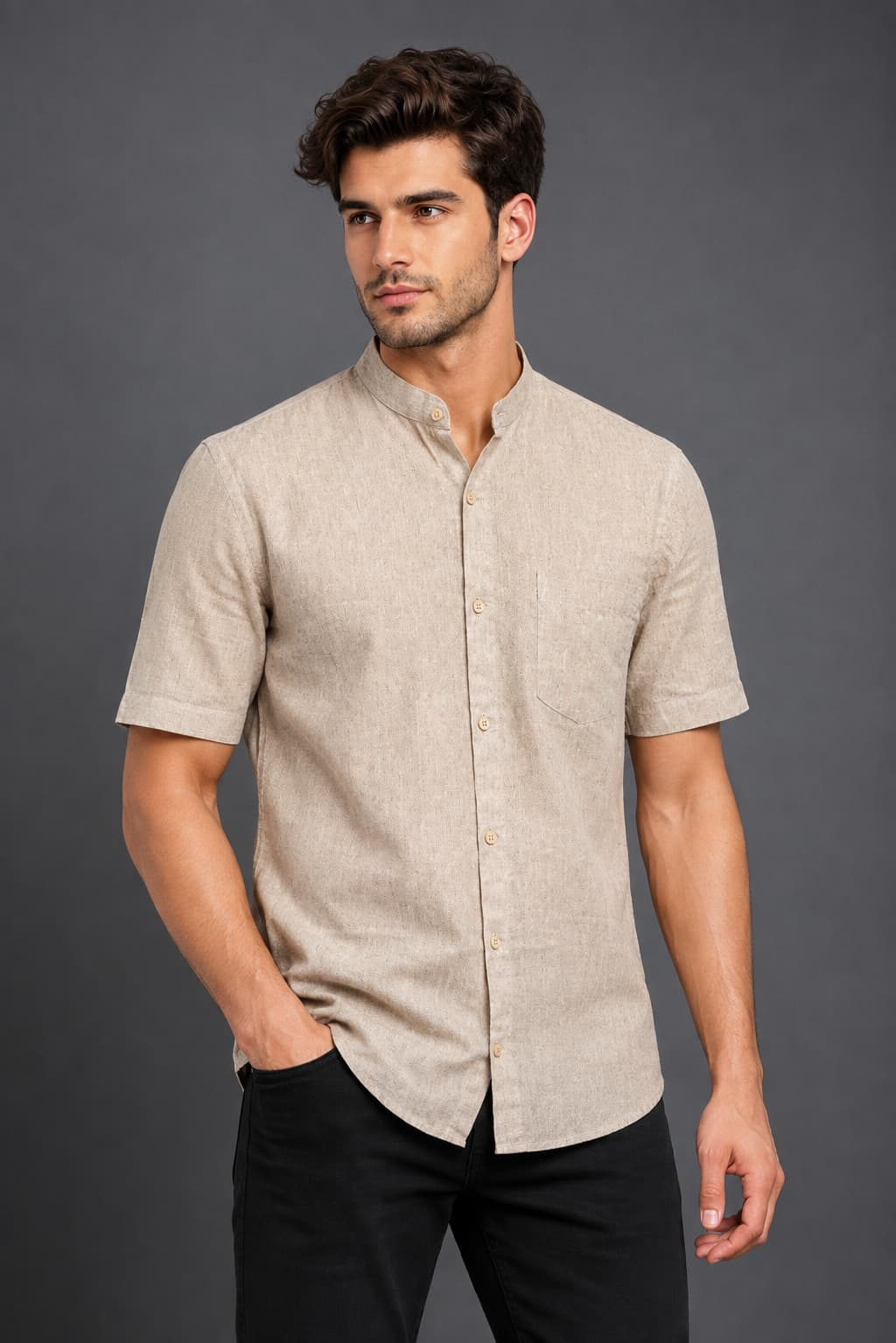 Natural Beige Color Pure Cotton Men's Shirt