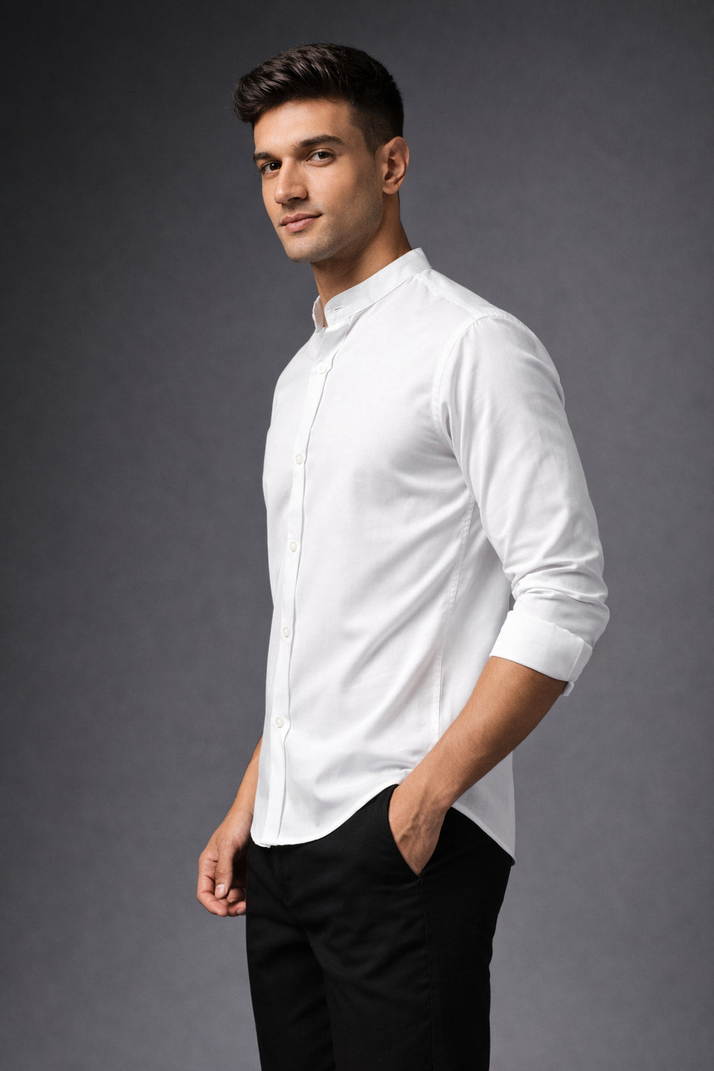 Men's Premium Cotton White Mandarin Collar Full Sleeve Shirt