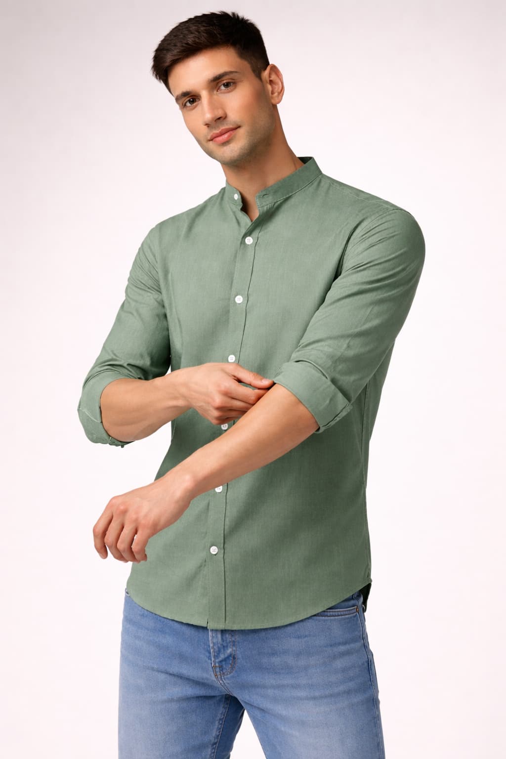 Sage Green Cotton Mandarin Collar Full Sleeve Men's Shirt
