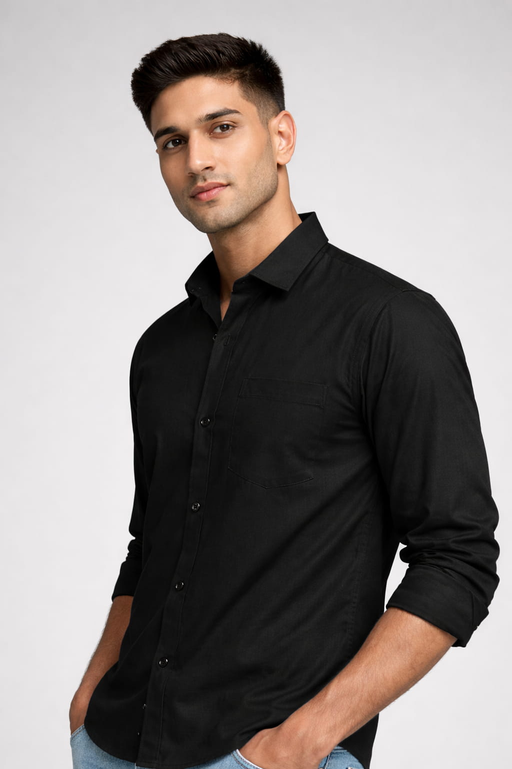 Black Plain Cotton Full Sleeve Men's Shirt