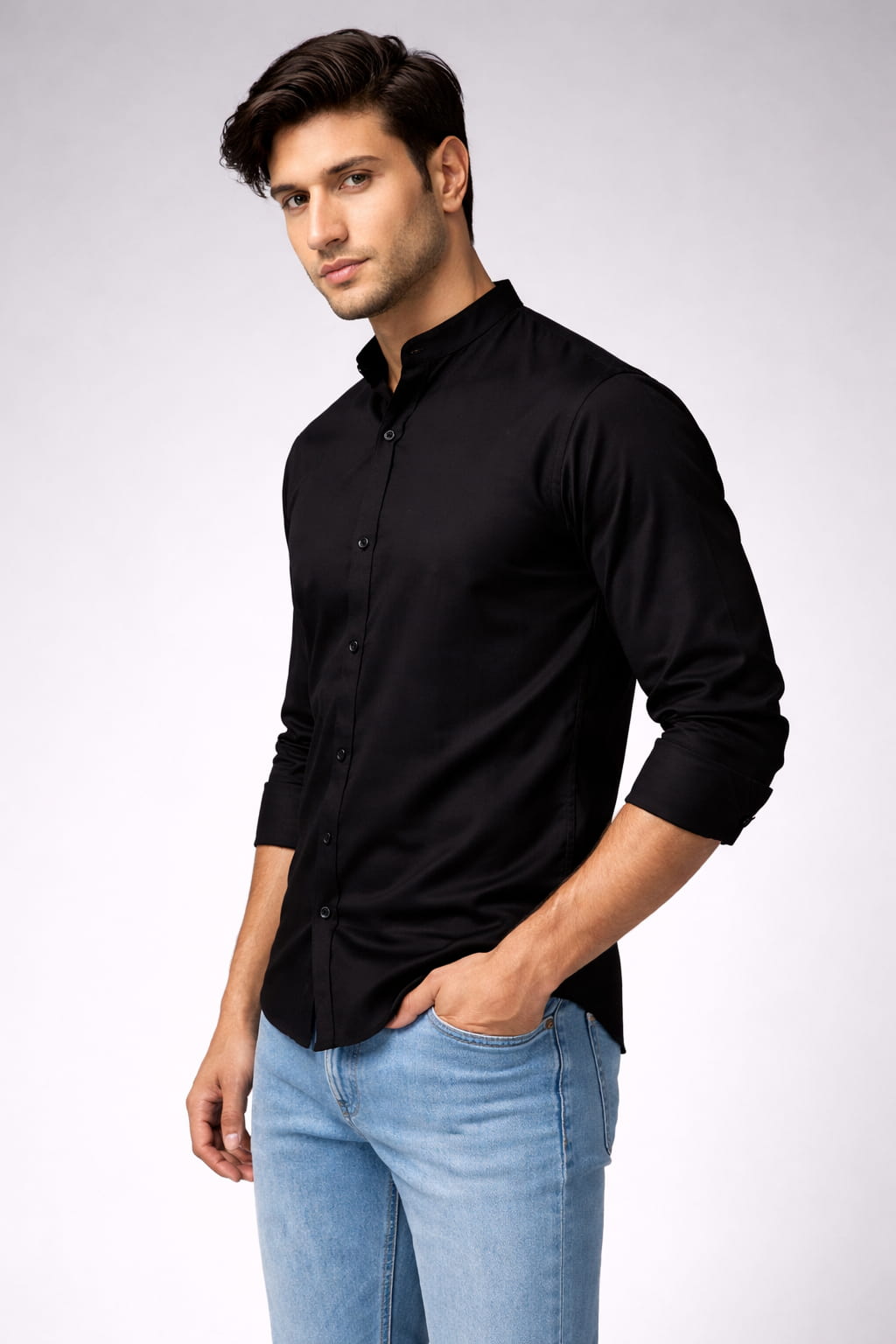 Black Solid Cotton Mandarin Collar Full Sleeve Men's Shirt