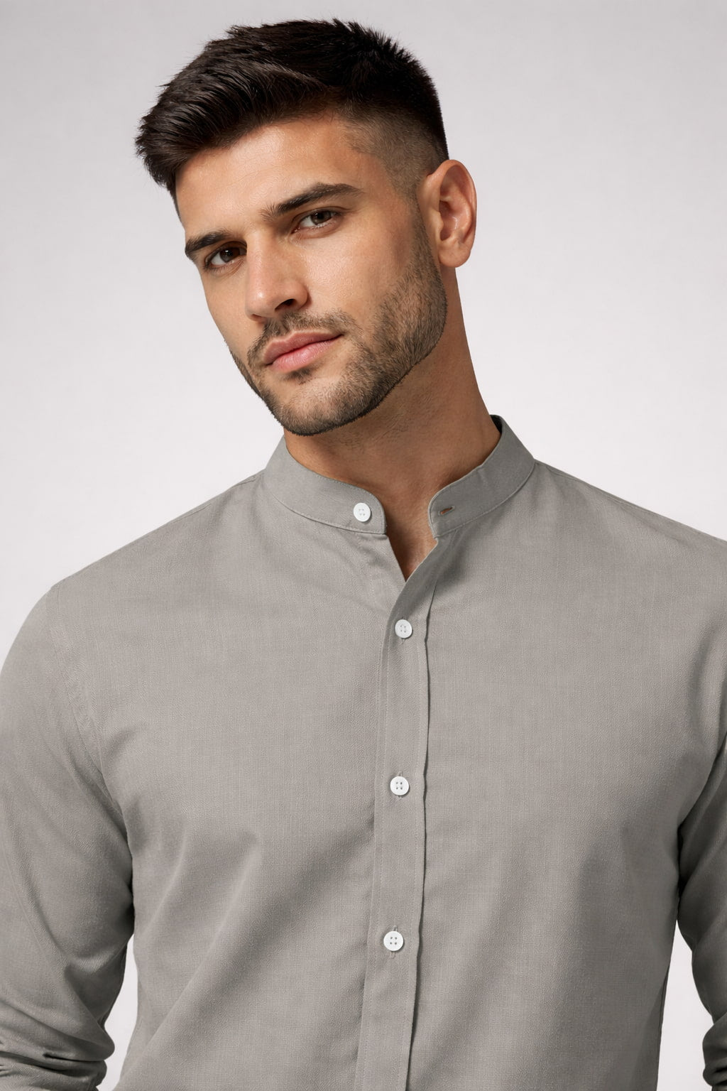 Grey Solid Cotton Mandarin Collar Full Sleeve Men's Shirt