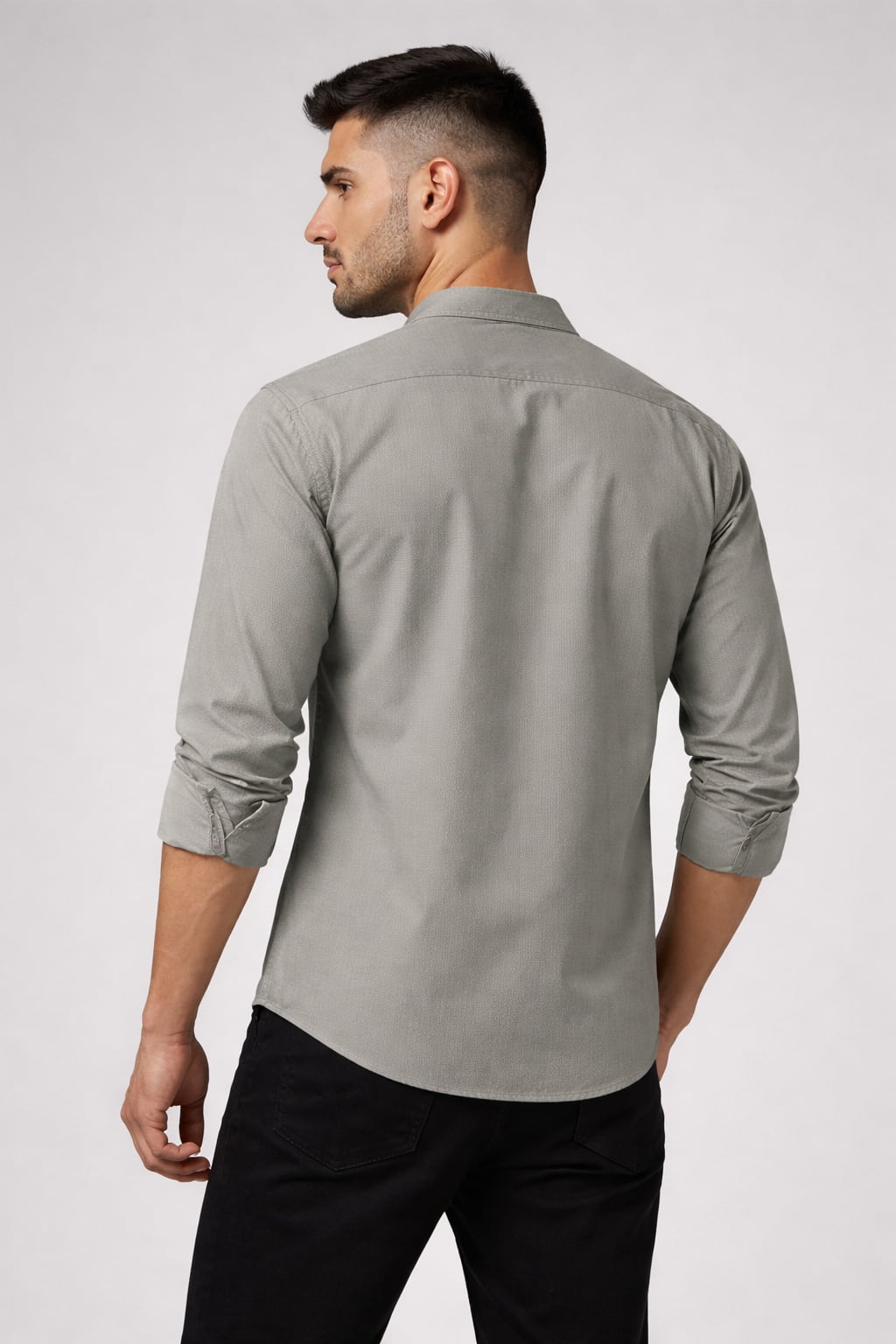 Grey Solid Cotton Mandarin Collar Full Sleeve Men's Shirt