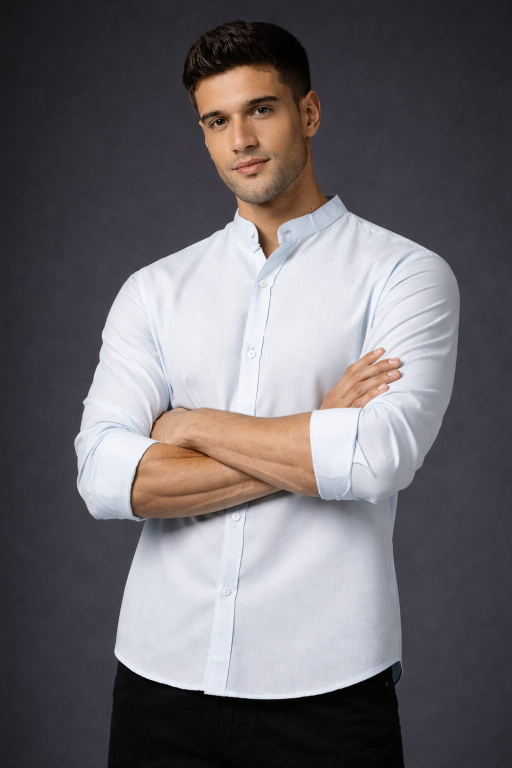 Men's Premium Cotton Light Blue Mandarin Collar Full Sleeve Shirt