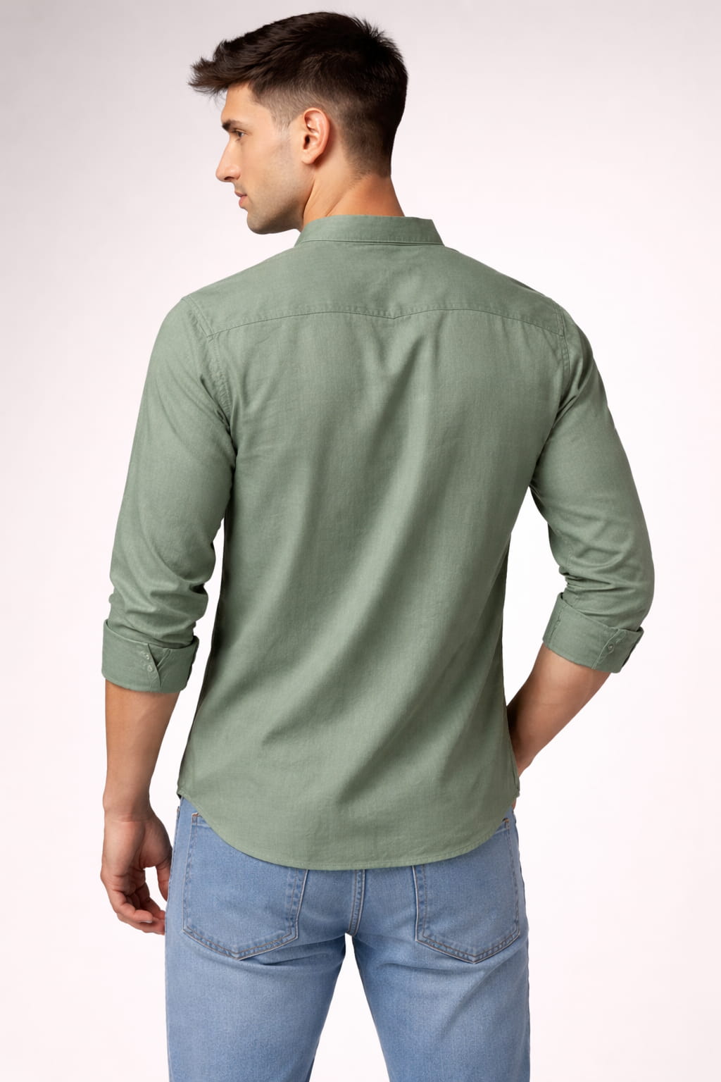Sage Green Cotton Mandarin Collar Full Sleeve Men's Shirt