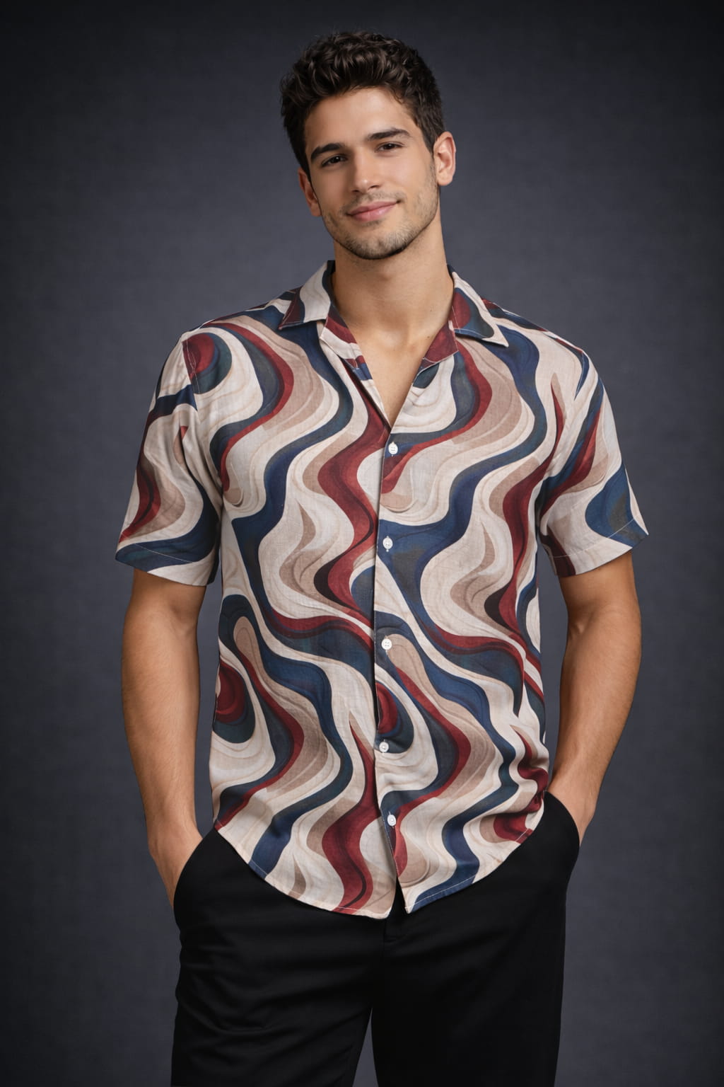 Men’s Abstract Wave Print Casual Shirt