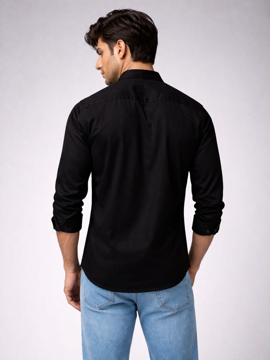 Black Solid Cotton Mandarin Collar Full Sleeve Men's Shirt