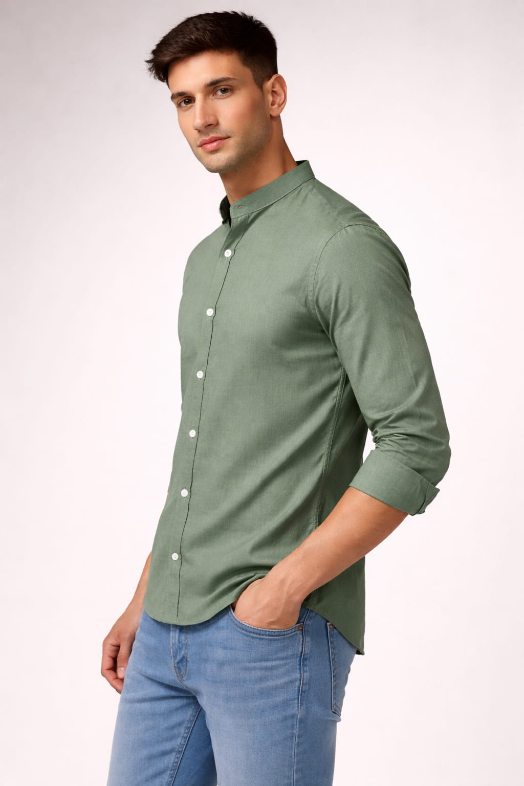 Sage Green Cotton Mandarin Collar Full Sleeve Men's Shirt