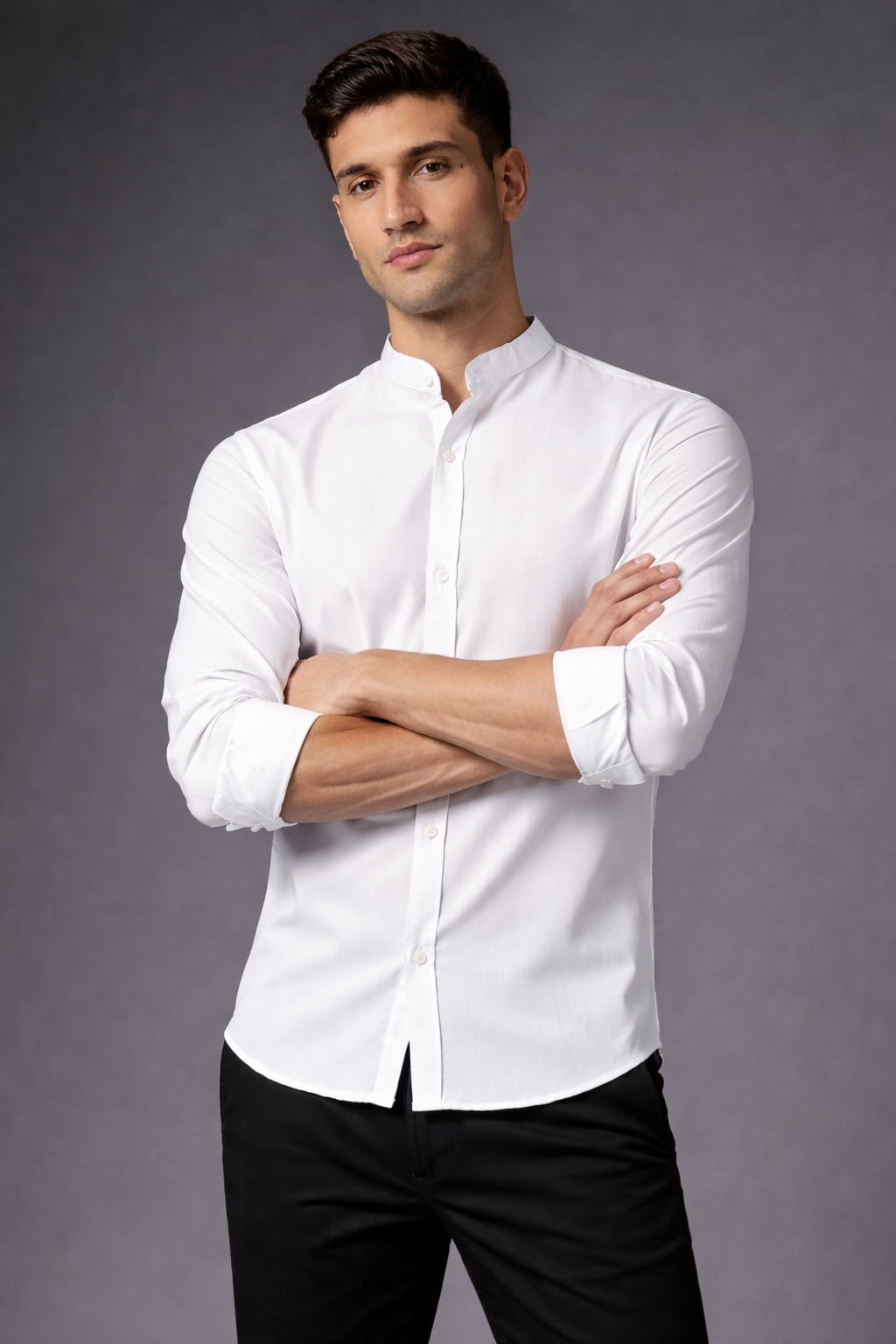 Men's Premium Cotton White Mandarin Collar Full Sleeve Shirt