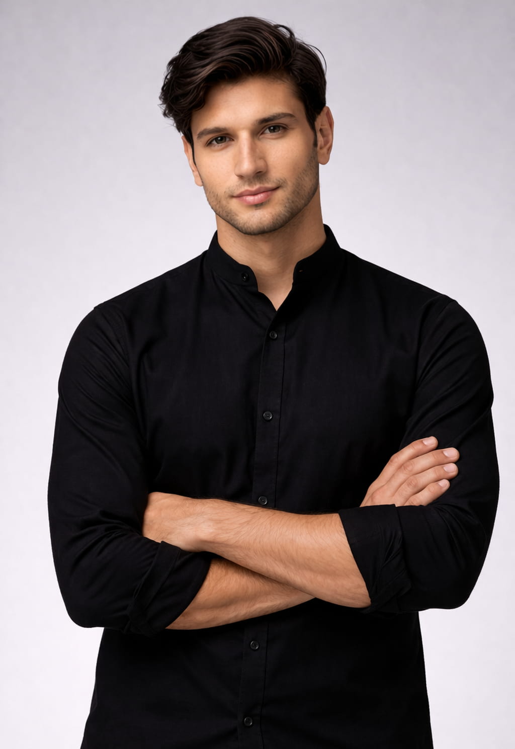 Black Solid Cotton Mandarin Collar Full Sleeve Men's Shirt
