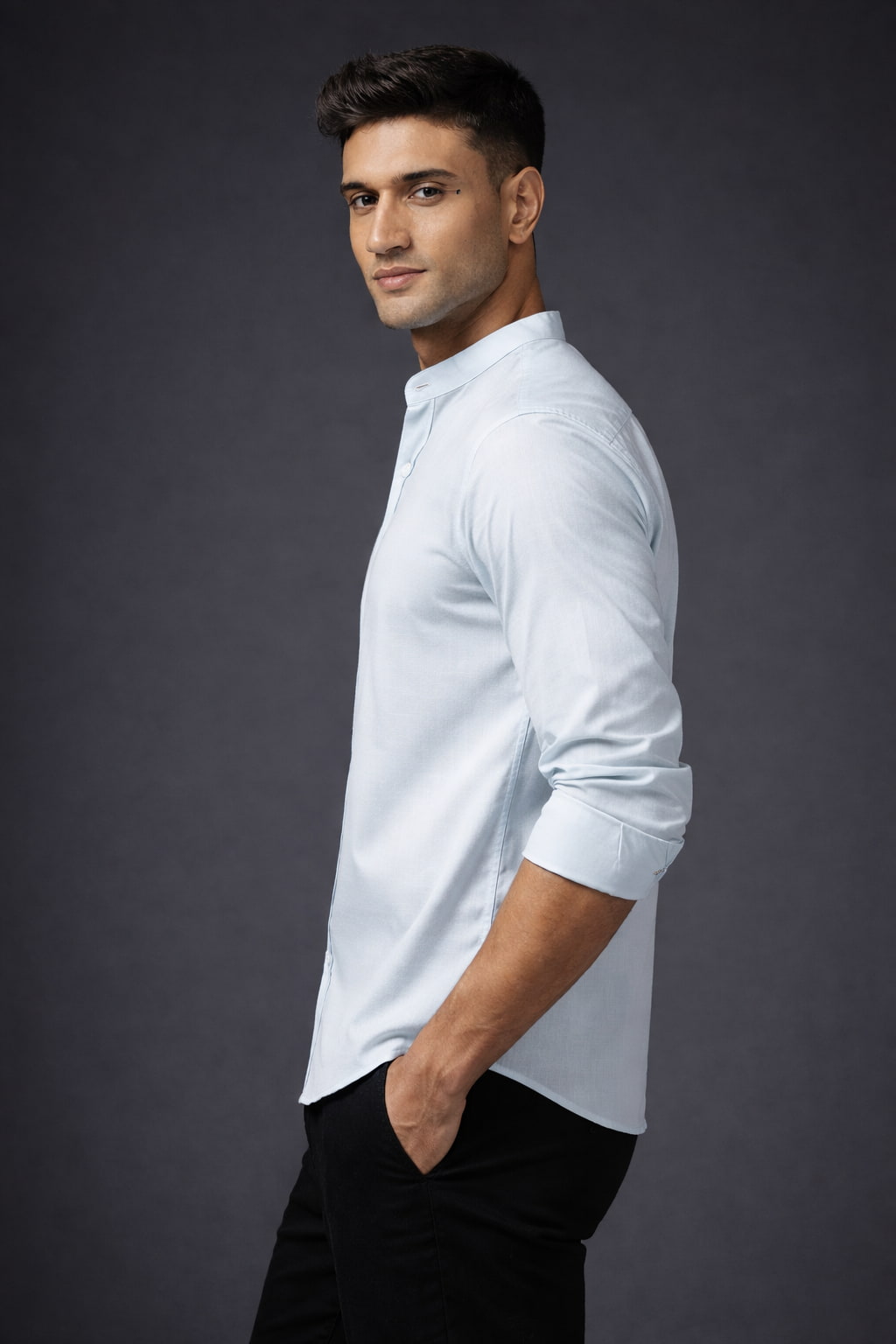 Men's Premium Cotton Light Blue Mandarin Collar Full Sleeve Shirt