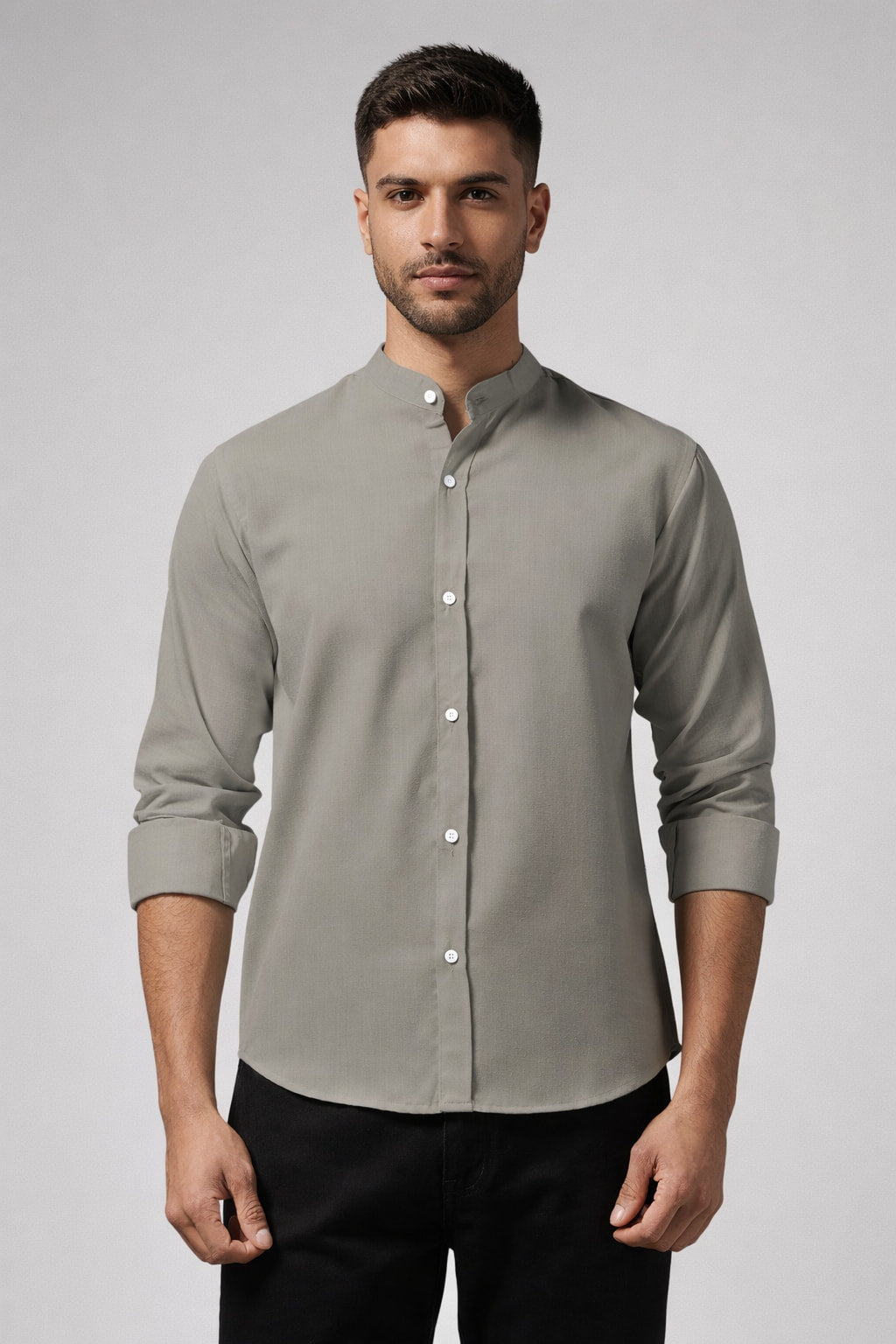 Grey Solid Cotton Mandarin Collar Full Sleeve Men's Shirt