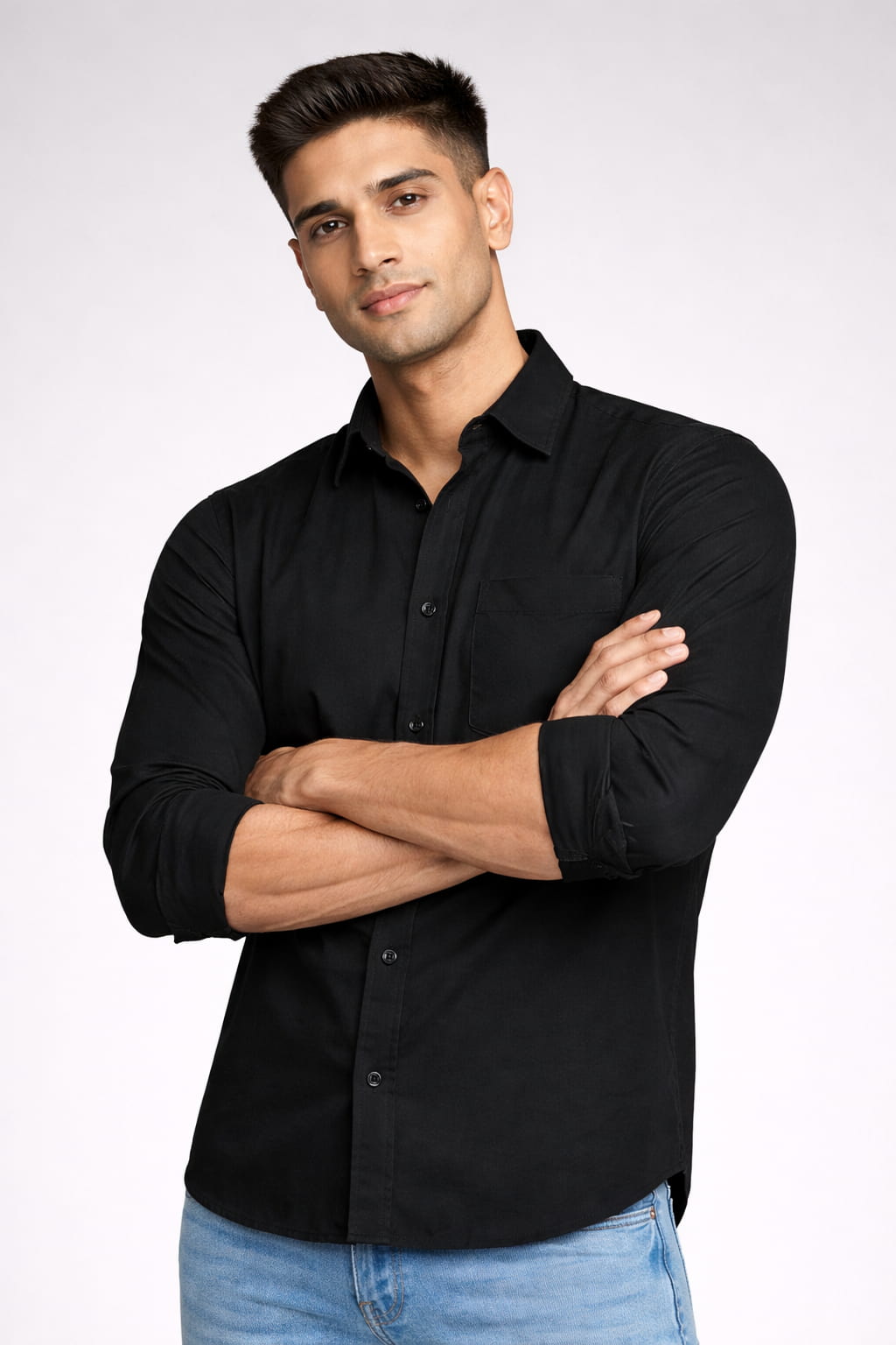 Black Plain Cotton Full Sleeve Men's Shirt