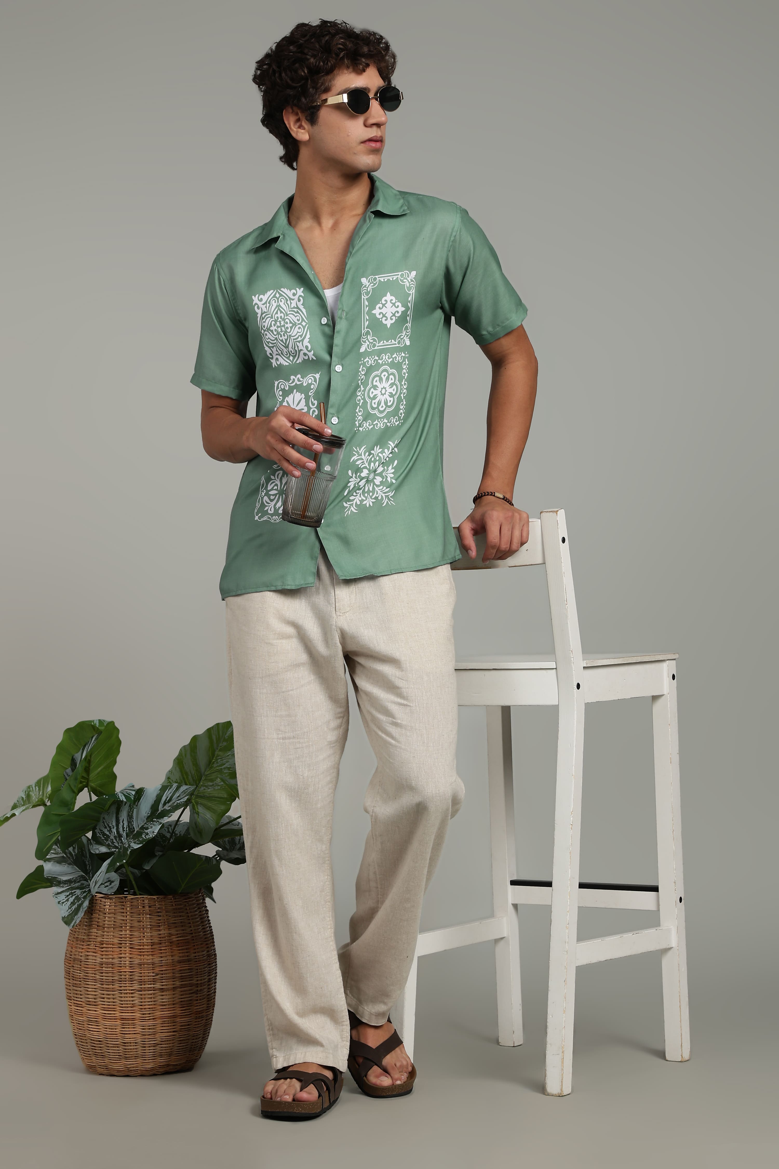 Men’s Premium Sage Green Ornamental Print Casual Shirt