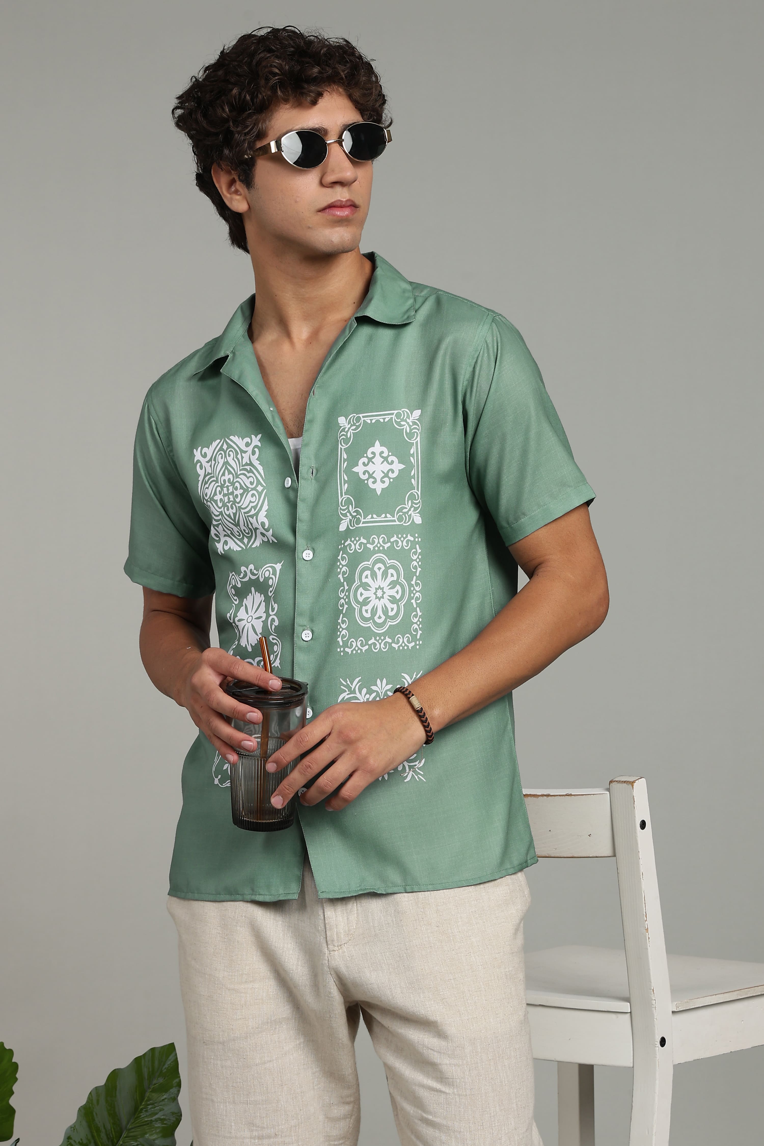 Men’s Premium Sage Green Ornamental Print Casual Shirt