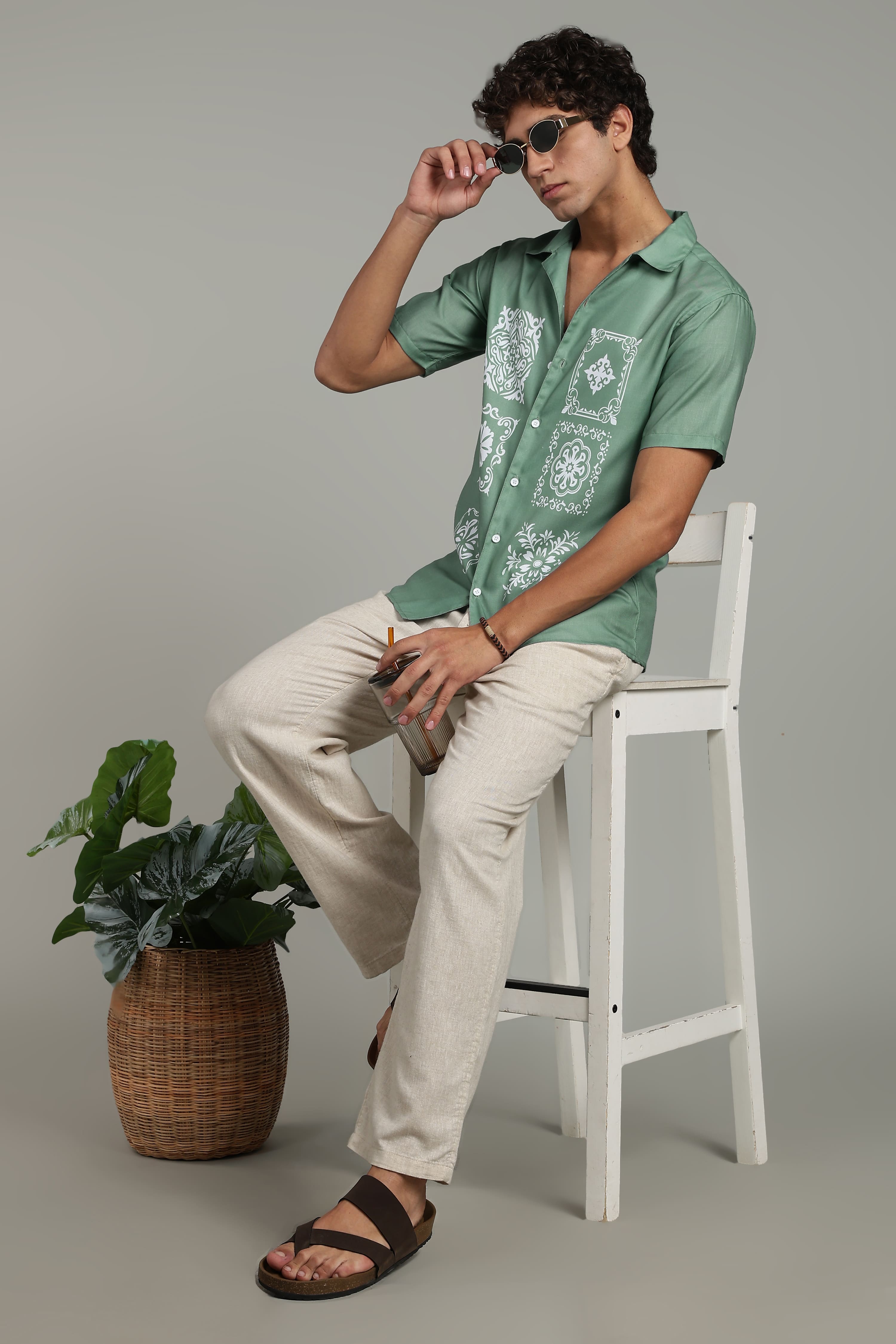 Men’s Premium Sage Green Ornamental Print Casual Shirt
