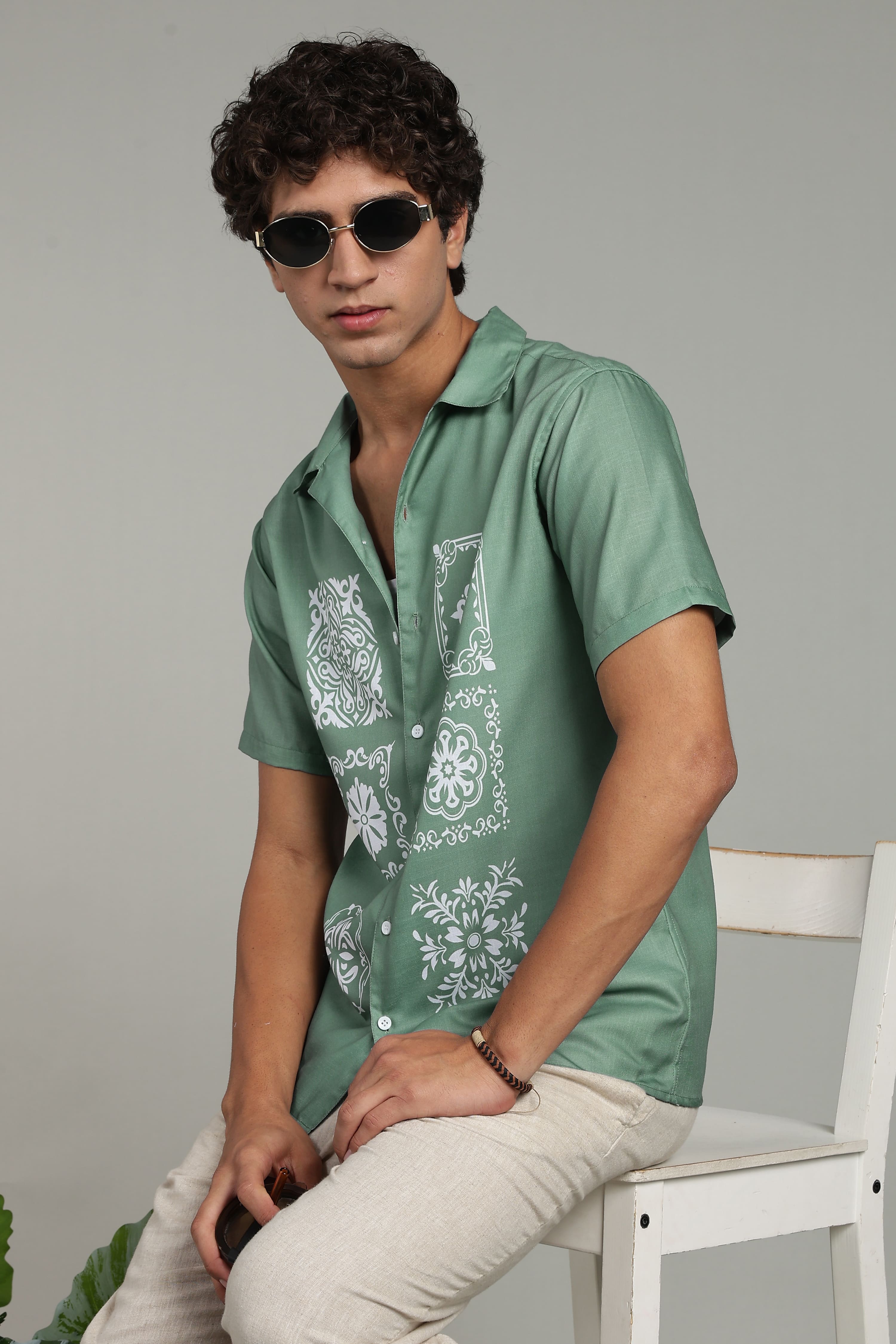 Men’s Premium Sage Green Ornamental Print Casual Shirt