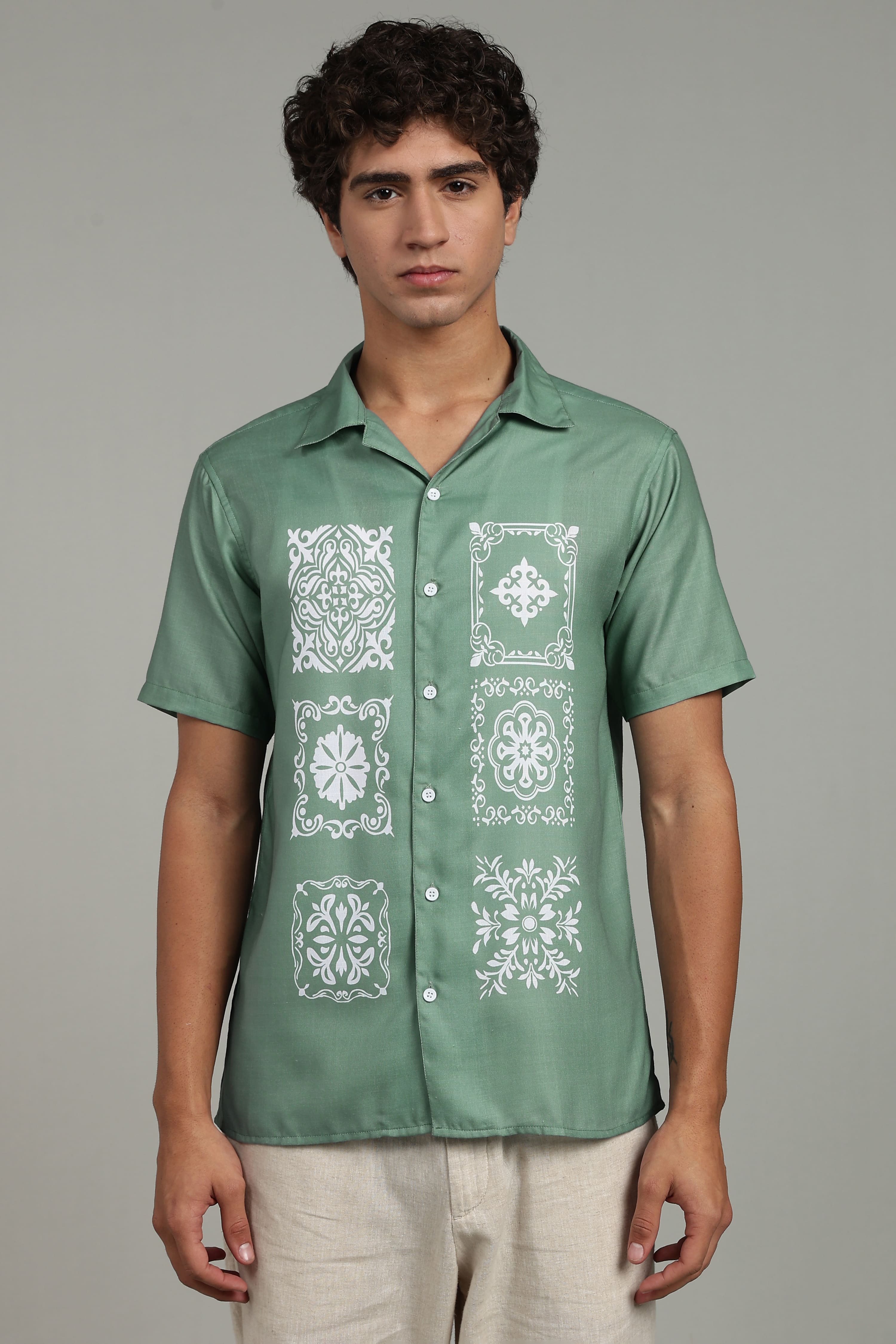 Men’s Premium Sage Green Ornamental Print Casual Shirt