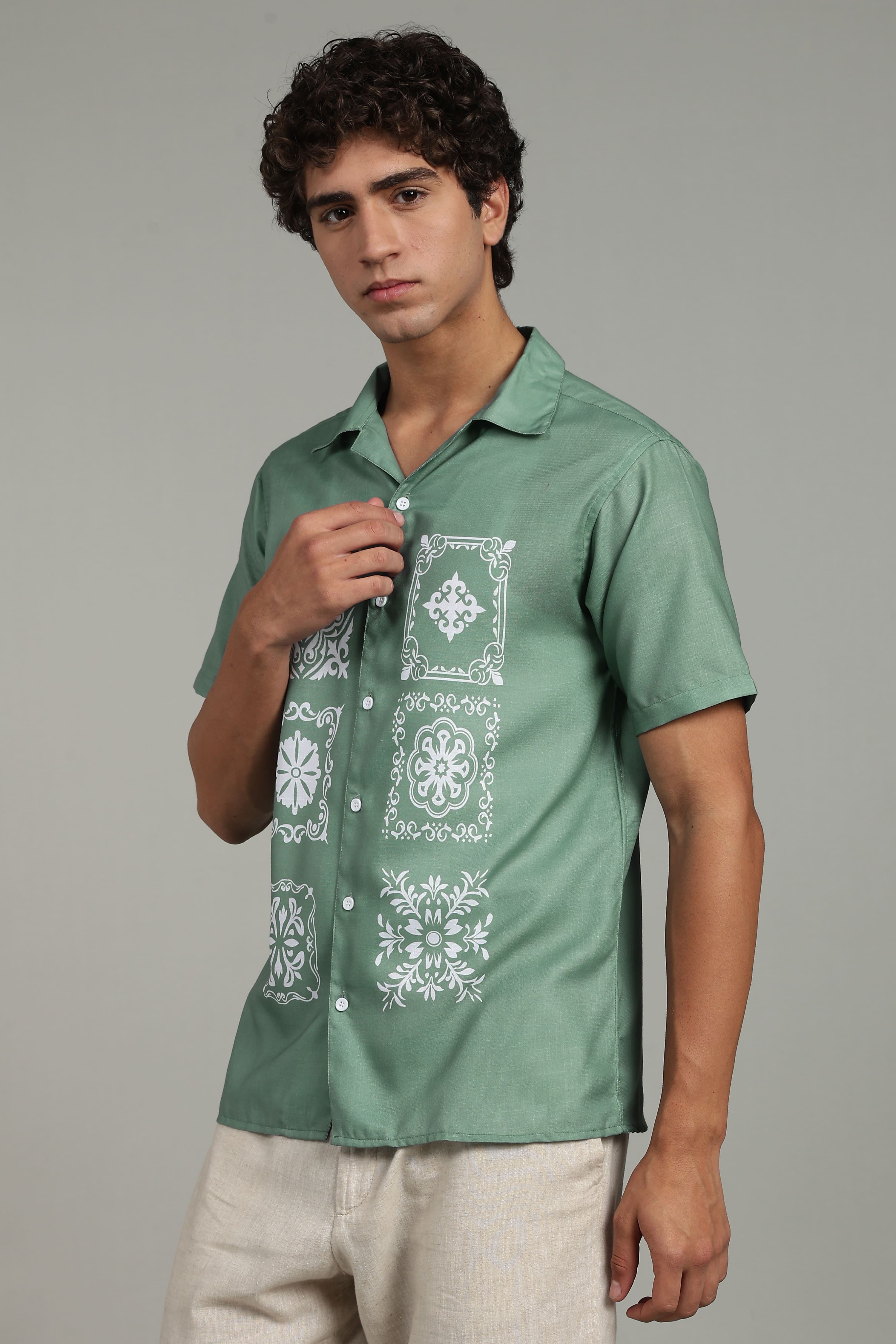 Men’s Premium Sage Green Ornamental Print Casual Shirt