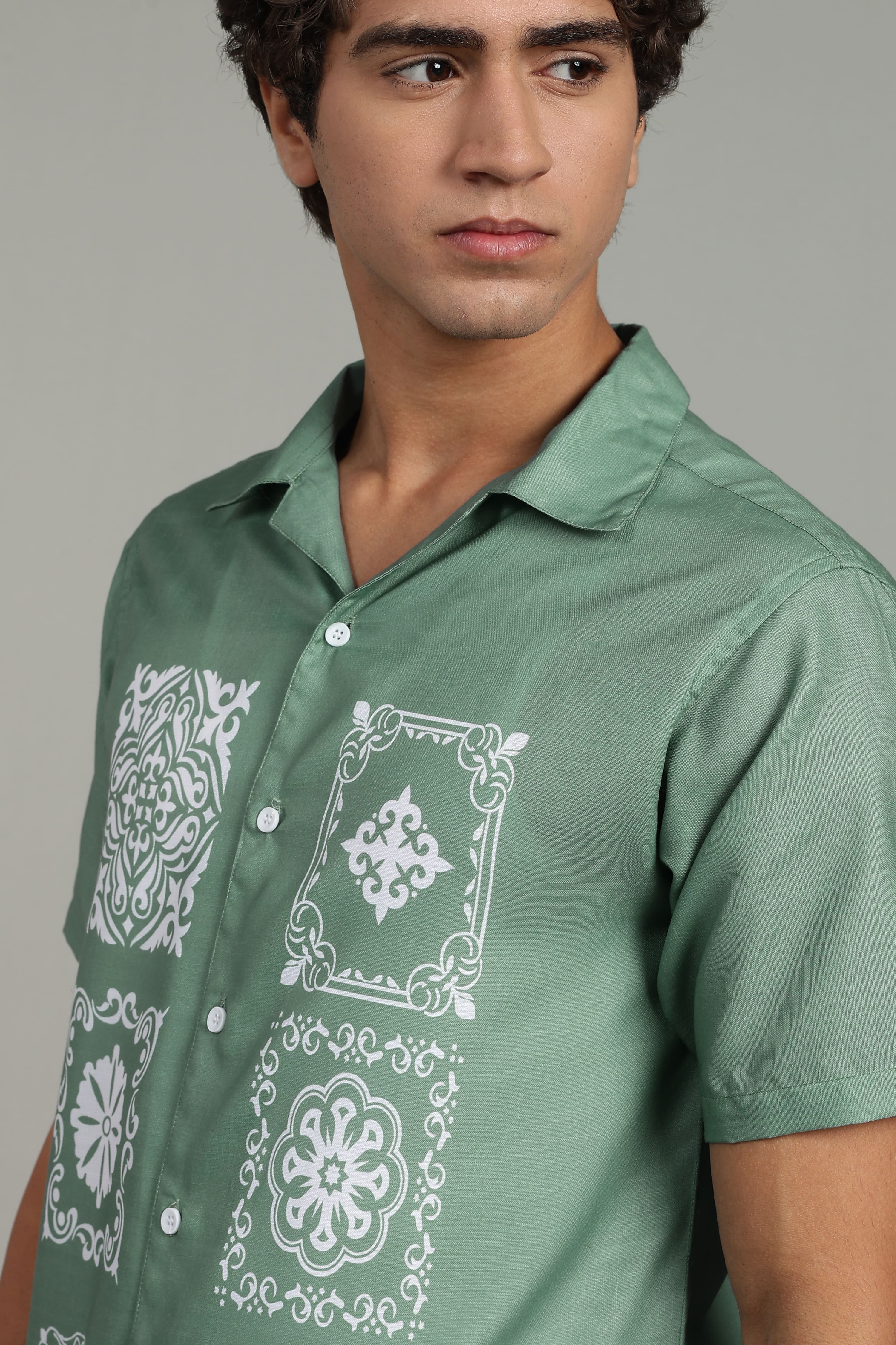 Men’s Premium Sage Green Ornamental Print Casual Shirt