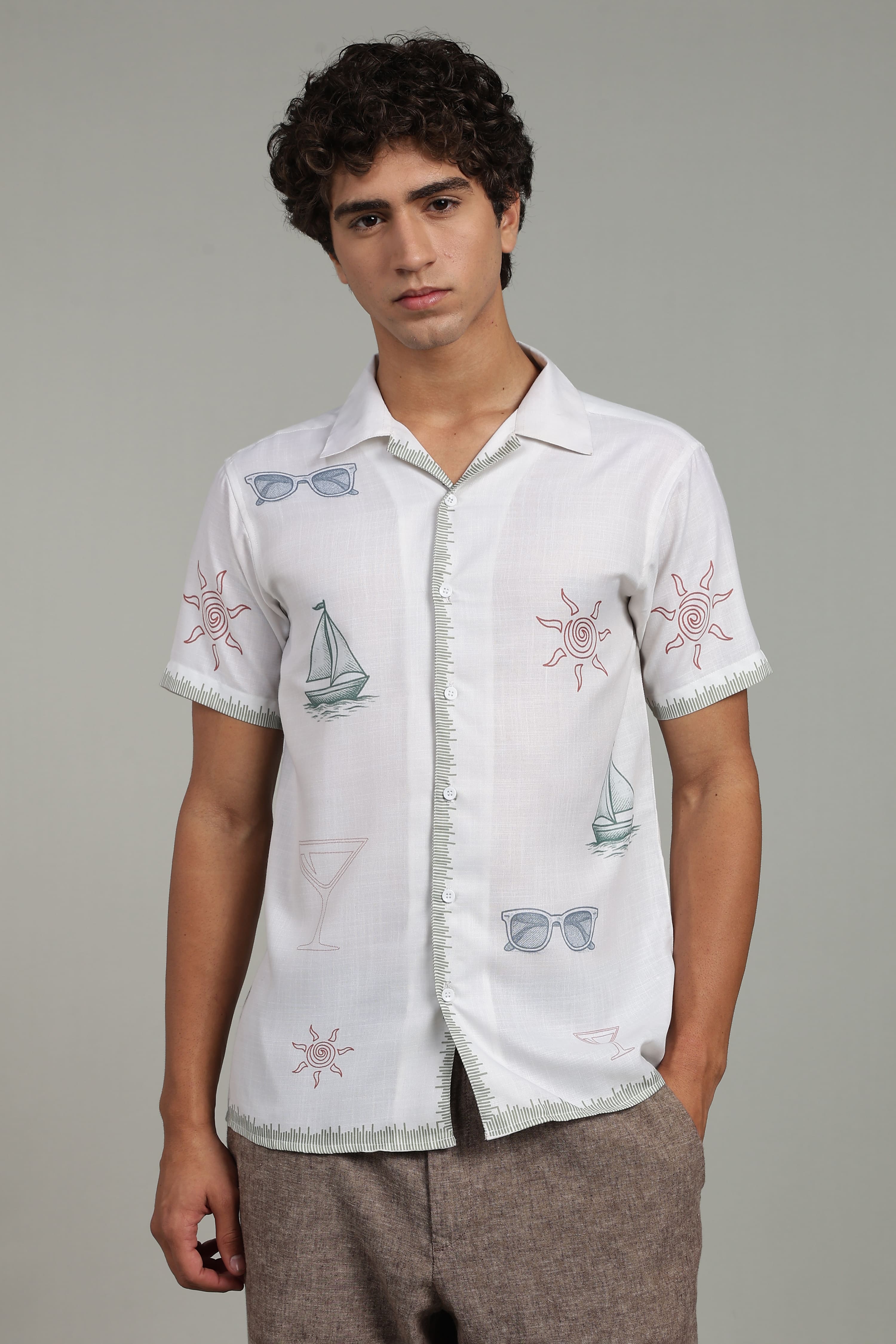 Men’s Premium White Coastal Print Casual Shirt