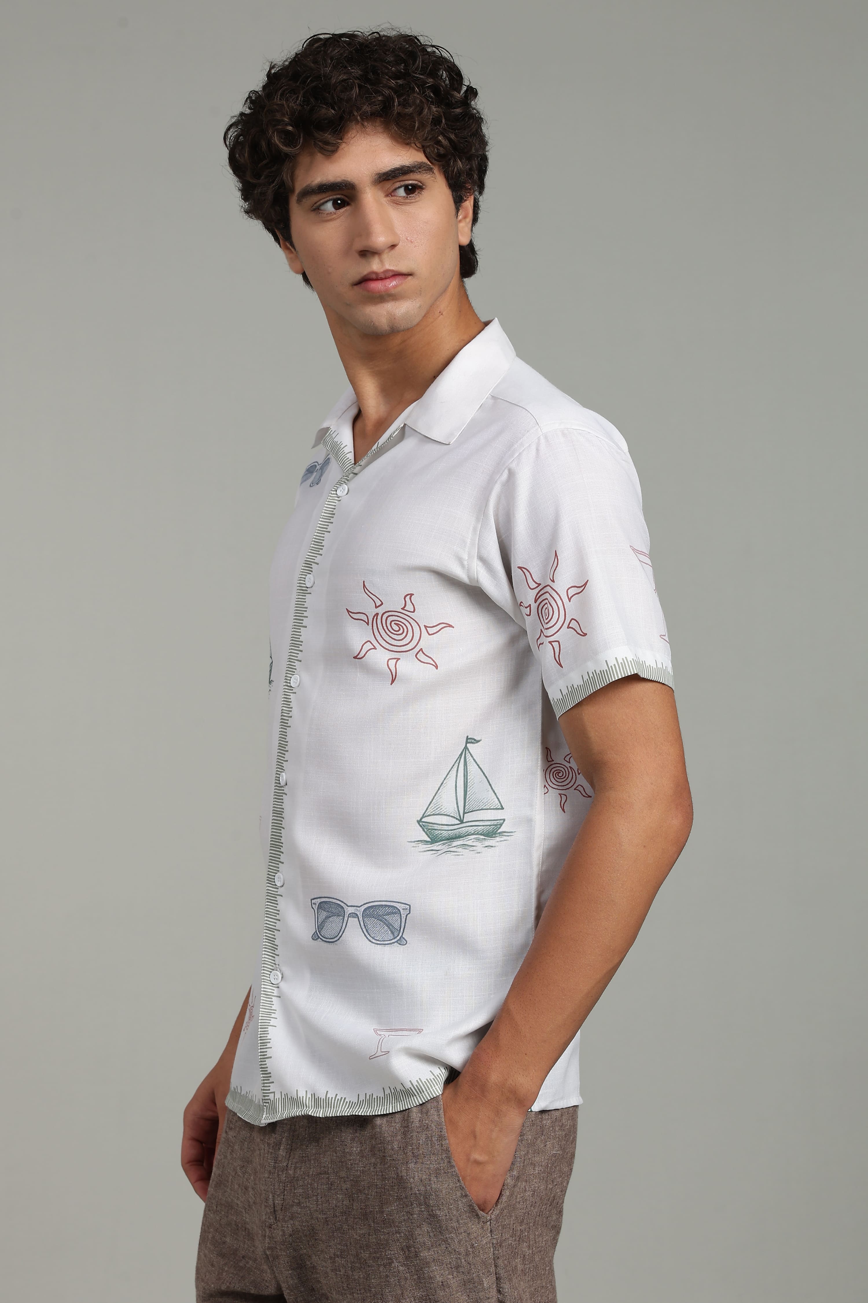 Men’s Premium White Coastal Print Casual Shirt