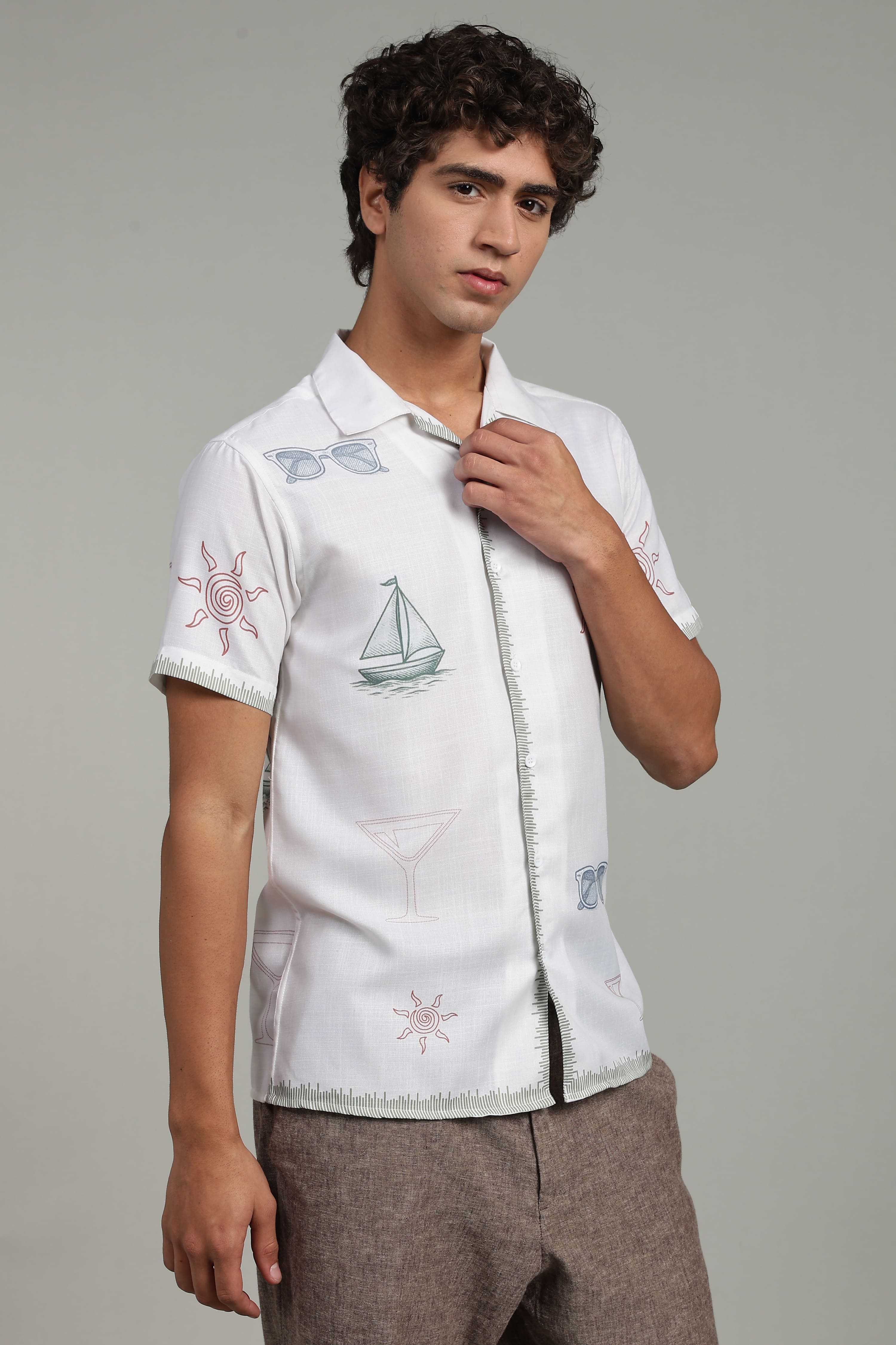 Men’s Premium White Coastal Print Casual Shirt