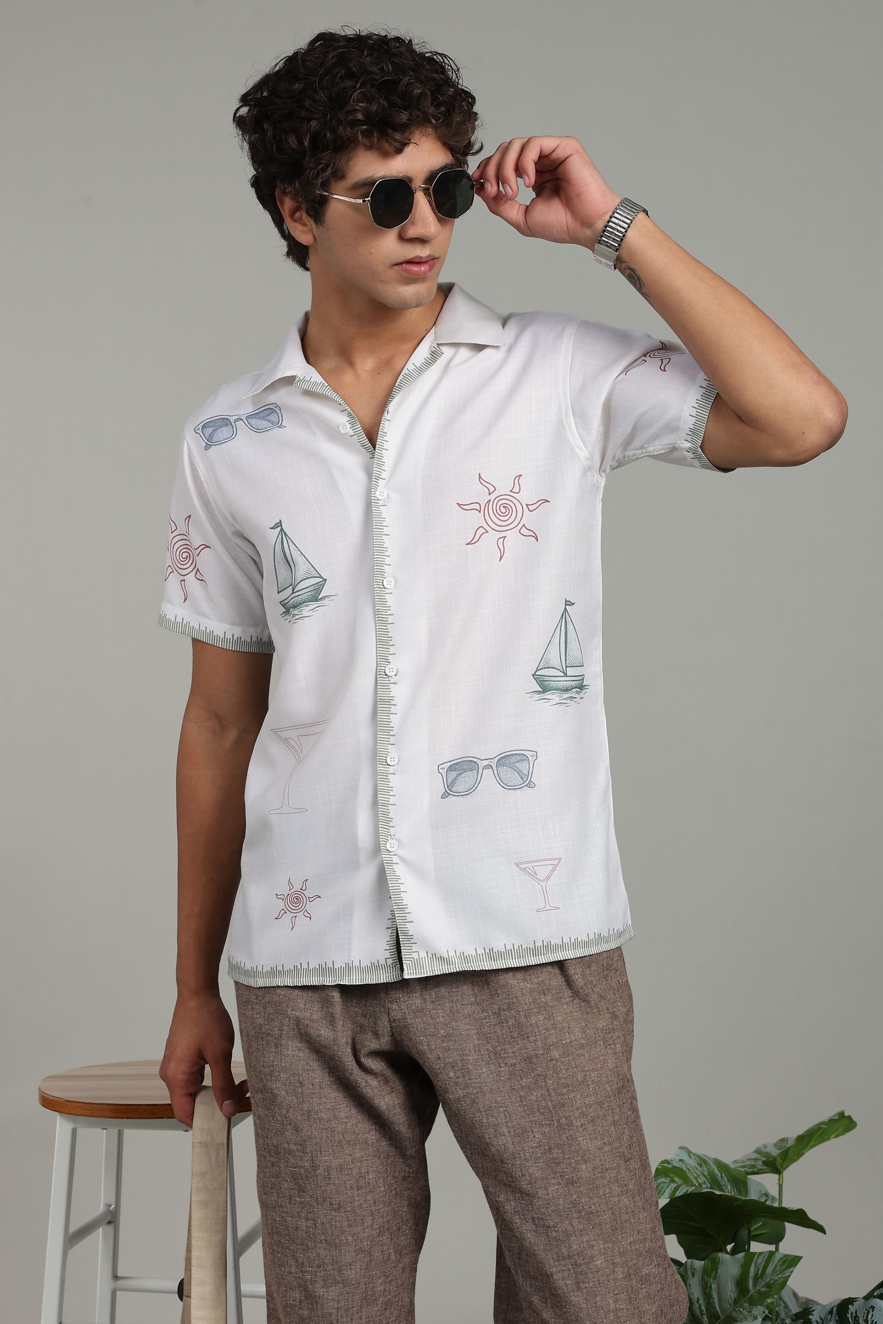 Men’s Premium White Coastal Print Casual Shirt