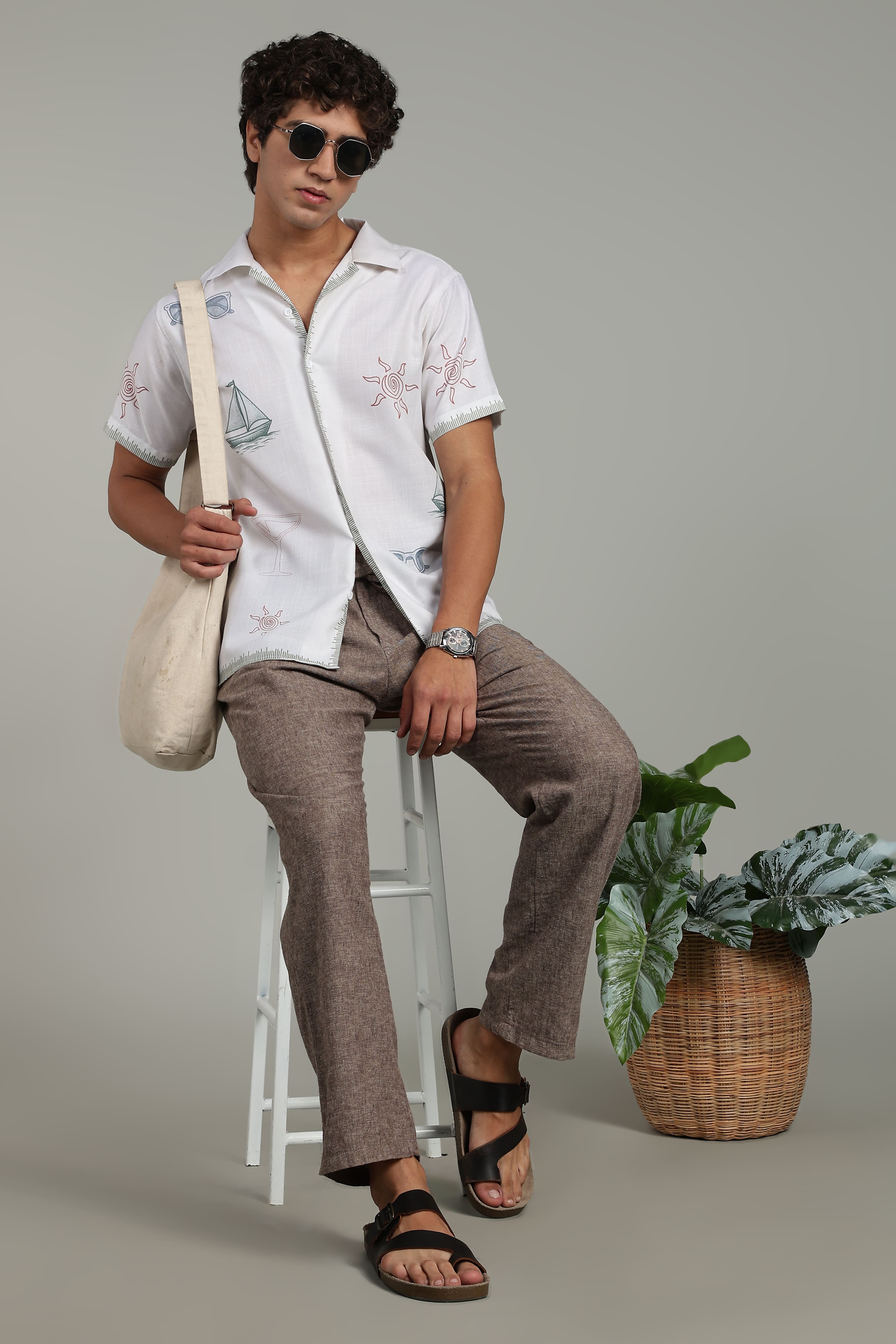 Men’s Premium White Coastal Print Casual Shirt