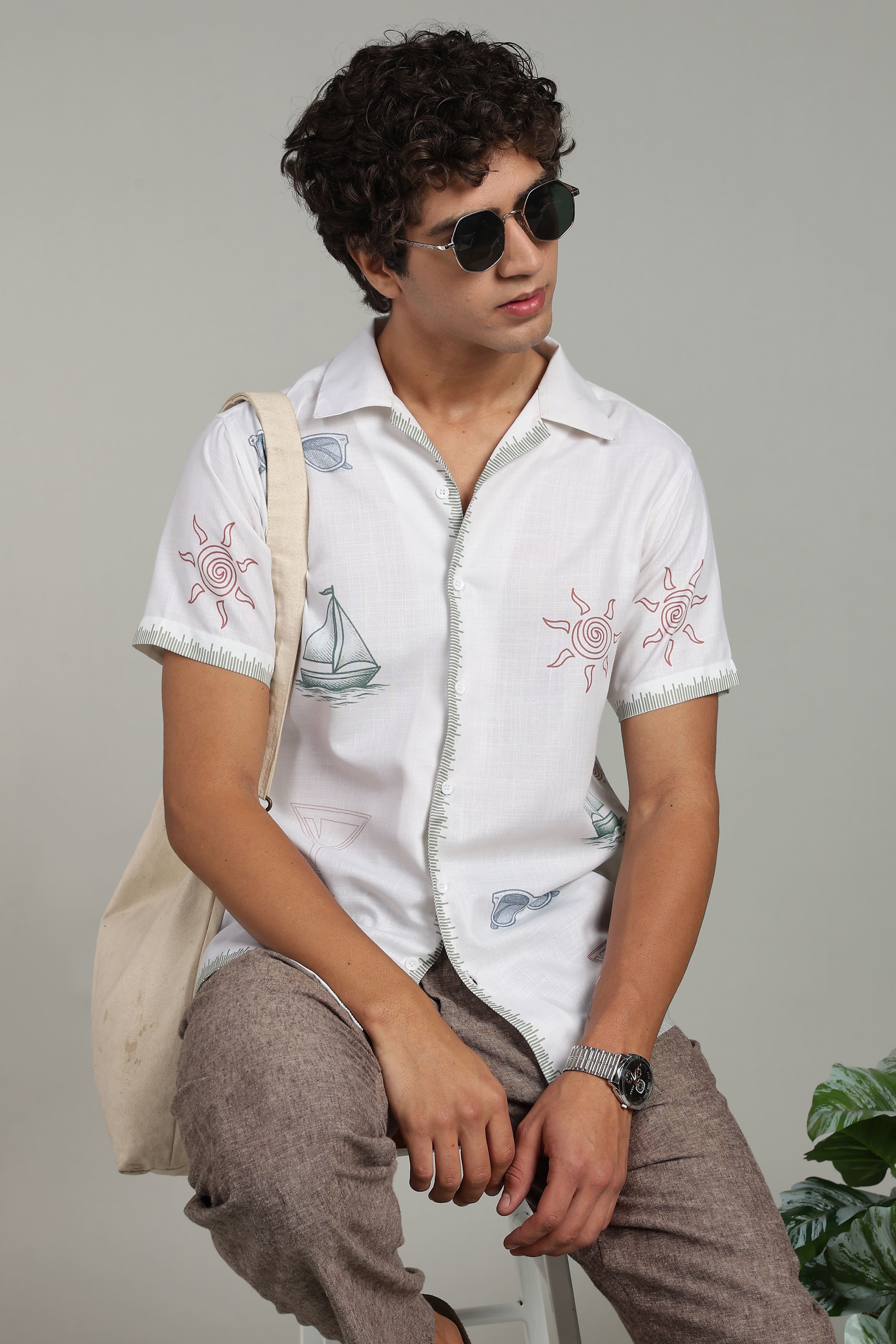 Men’s Premium White Coastal Print Casual Shirt