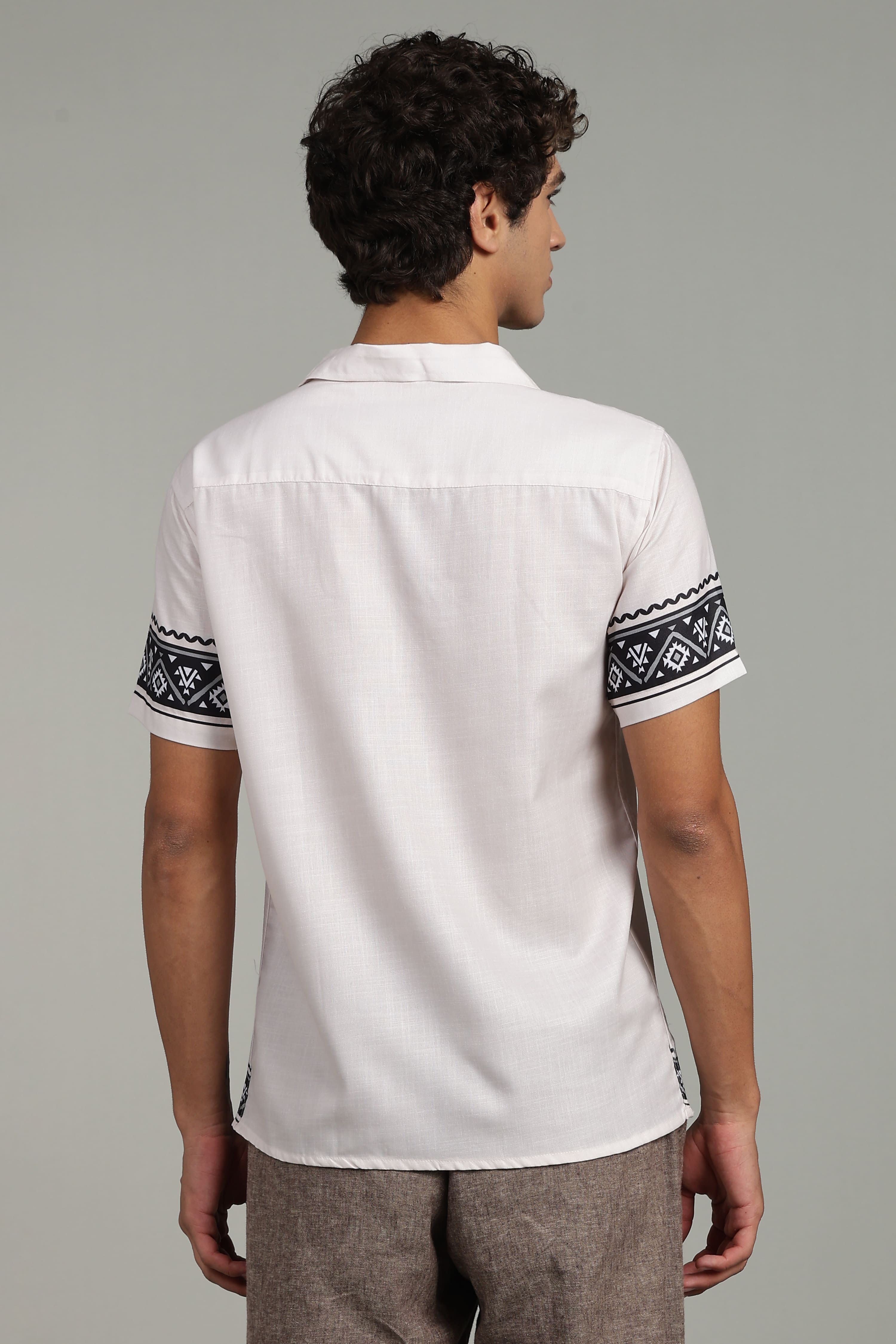Men’s Premium Off-White Black Ethnic Panel Print Shirt