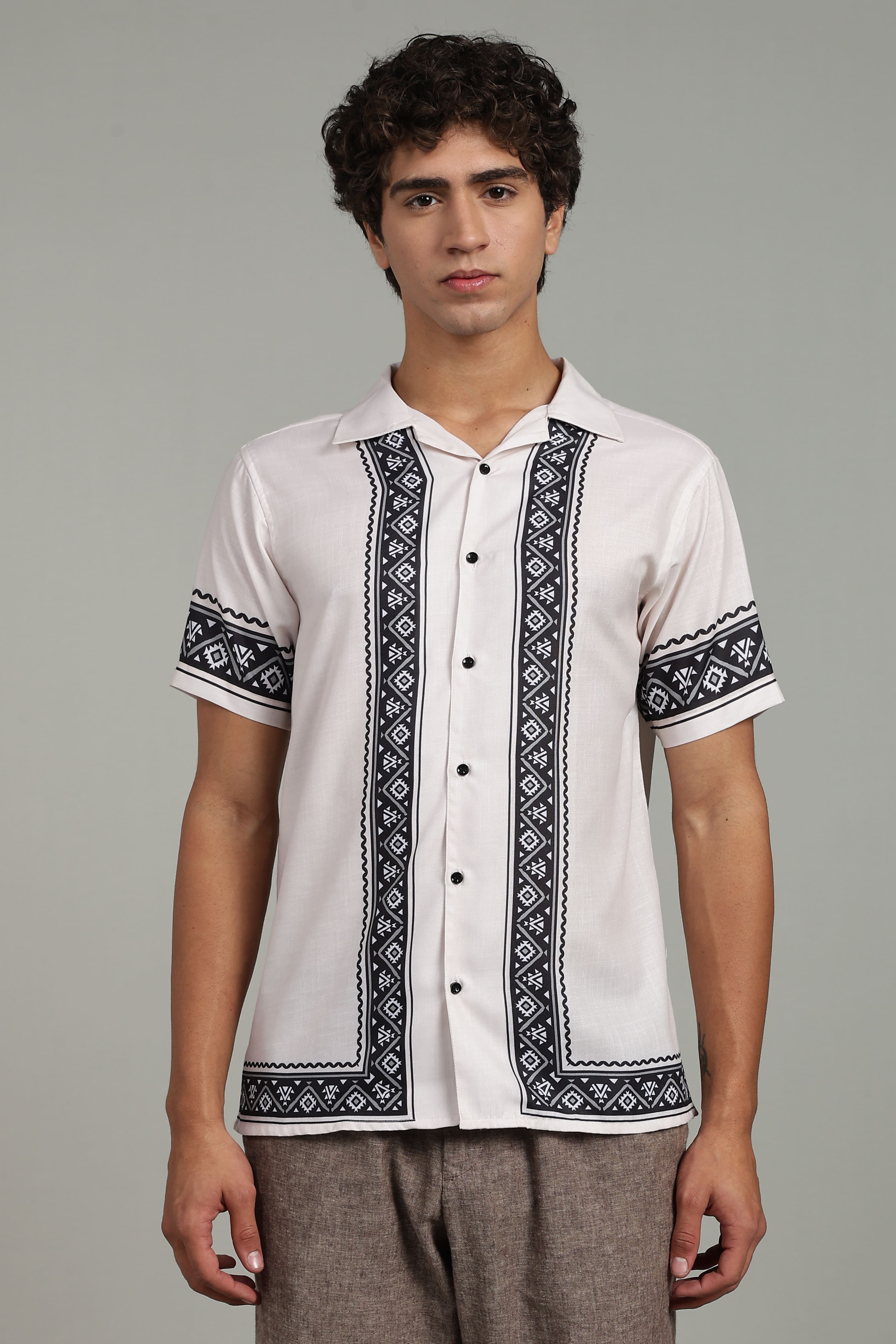 Men’s Premium Off-White Black Ethnic Panel Print Shirt