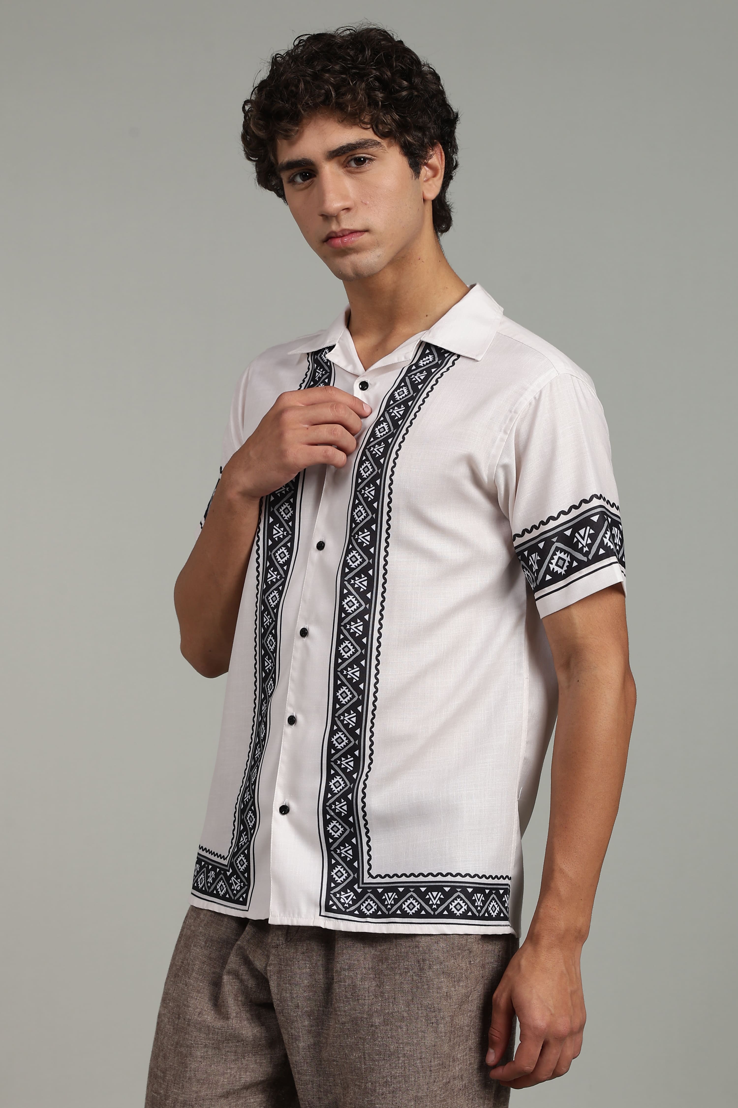 Men’s Premium Off-White Black Ethnic Panel Print Shirt