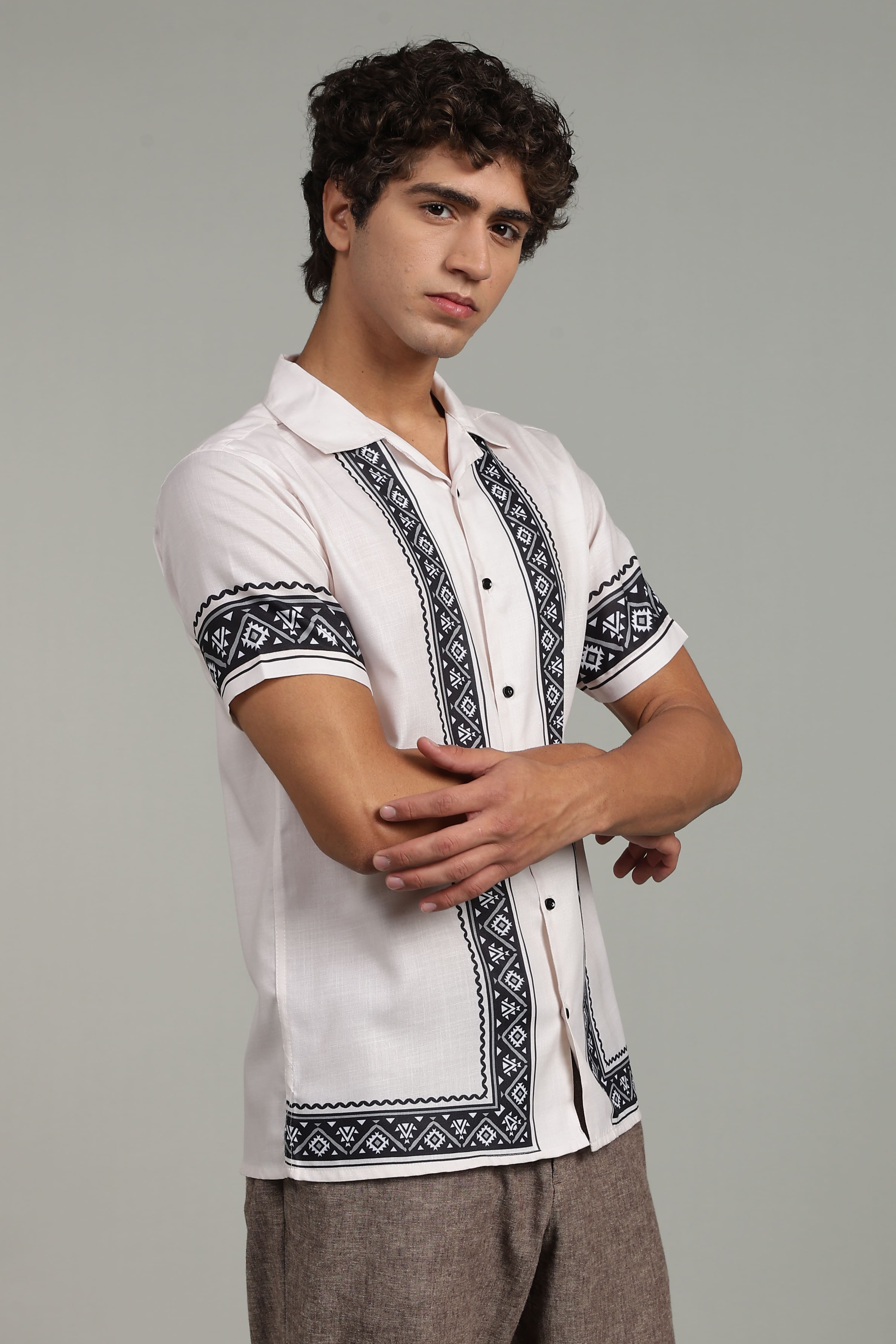 Men’s Premium Off-White Black Ethnic Panel Print Shirt