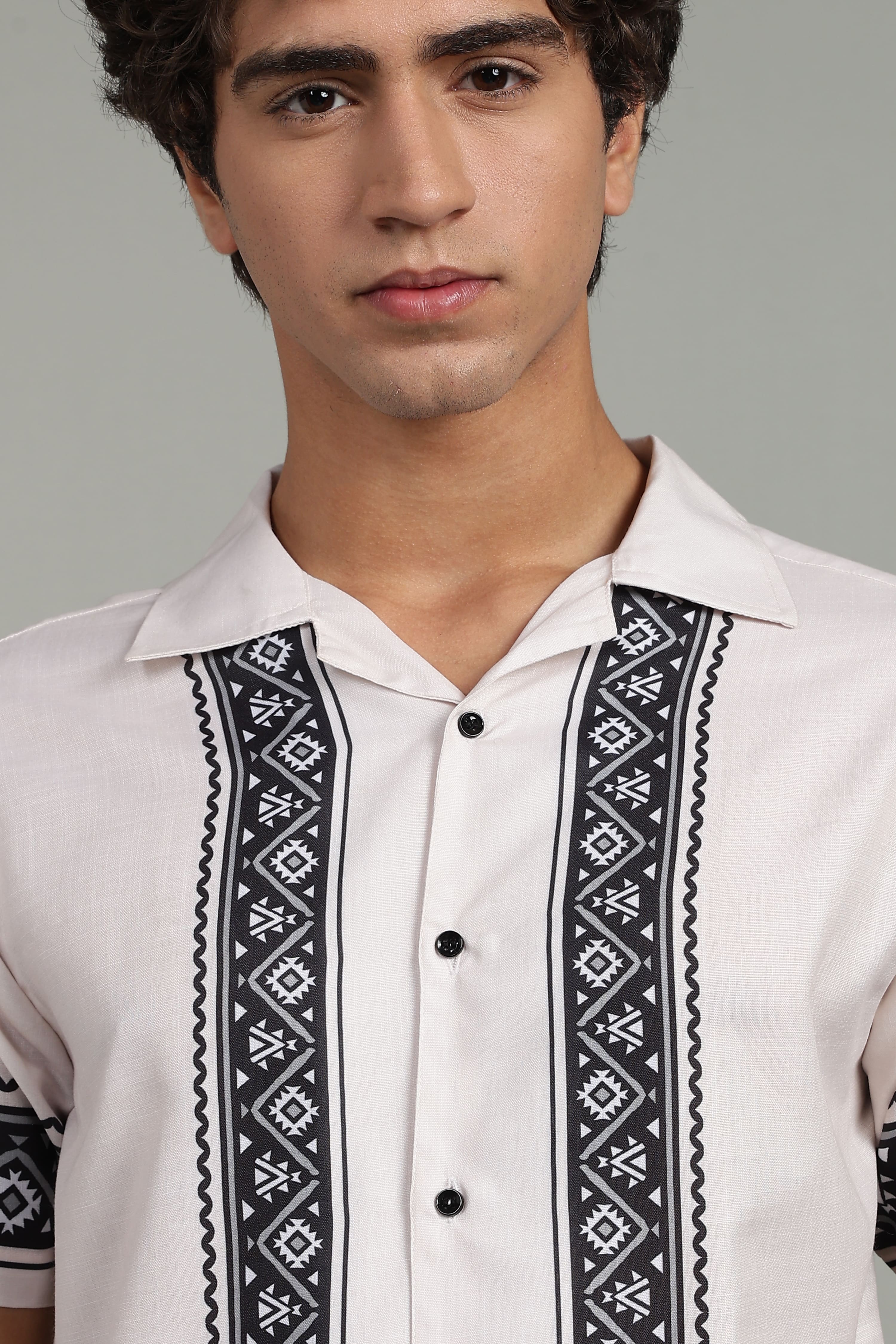 Men’s Premium Off-White Black Ethnic Panel Print Shirt