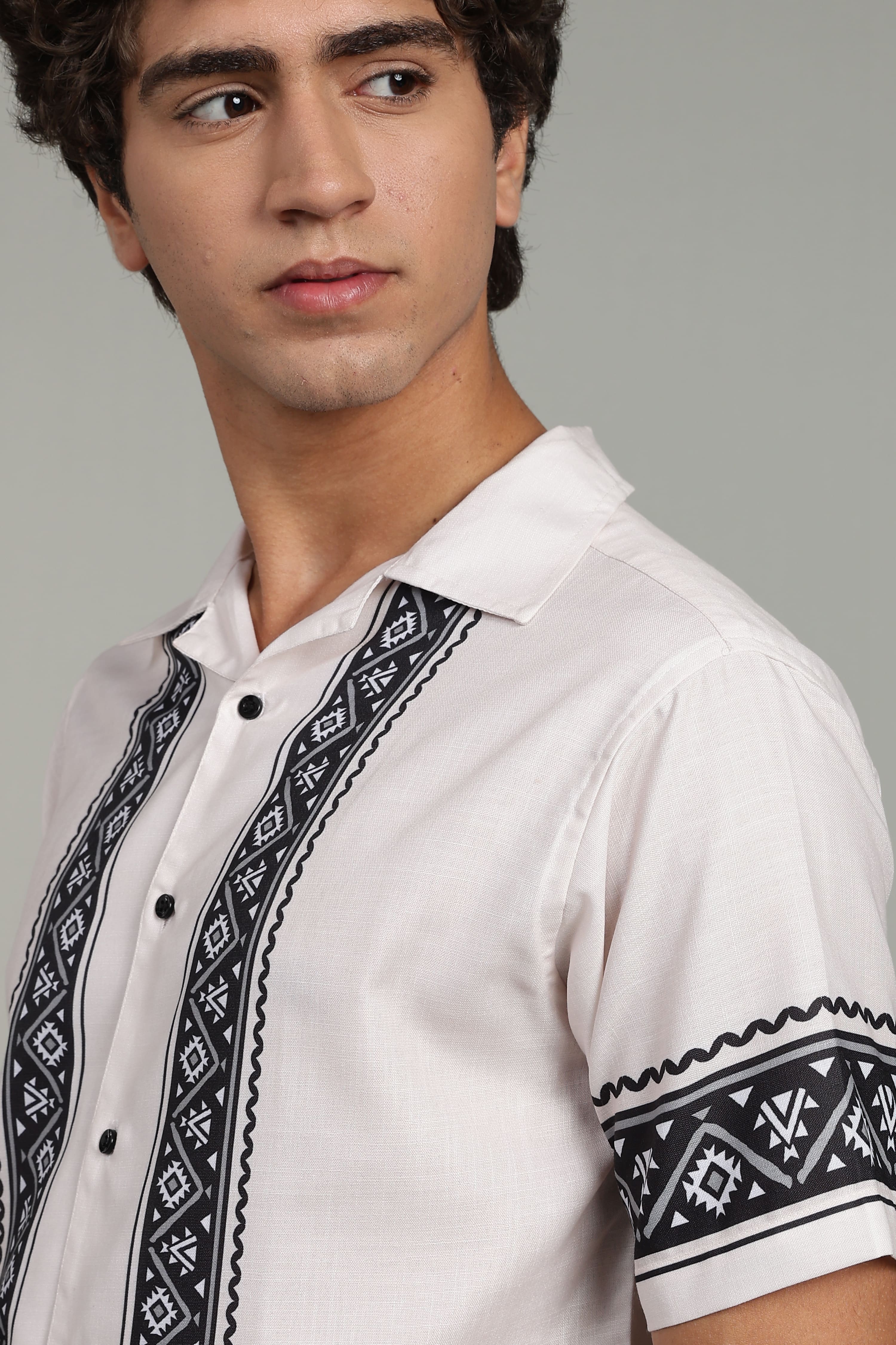 Men’s Premium Off-White Black Ethnic Panel Print Shirt
