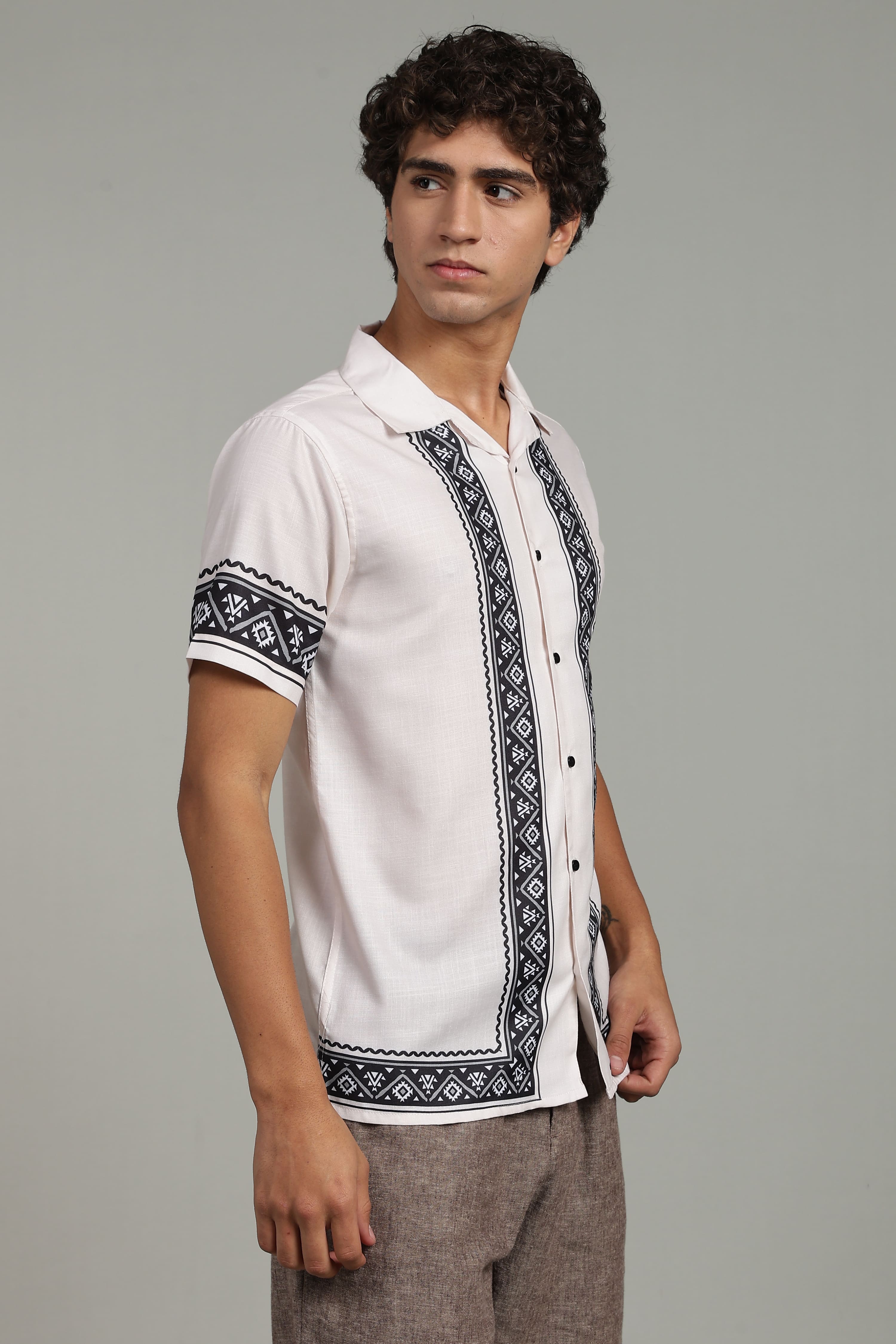 Men’s Premium Off-White Black Ethnic Panel Print Shirt