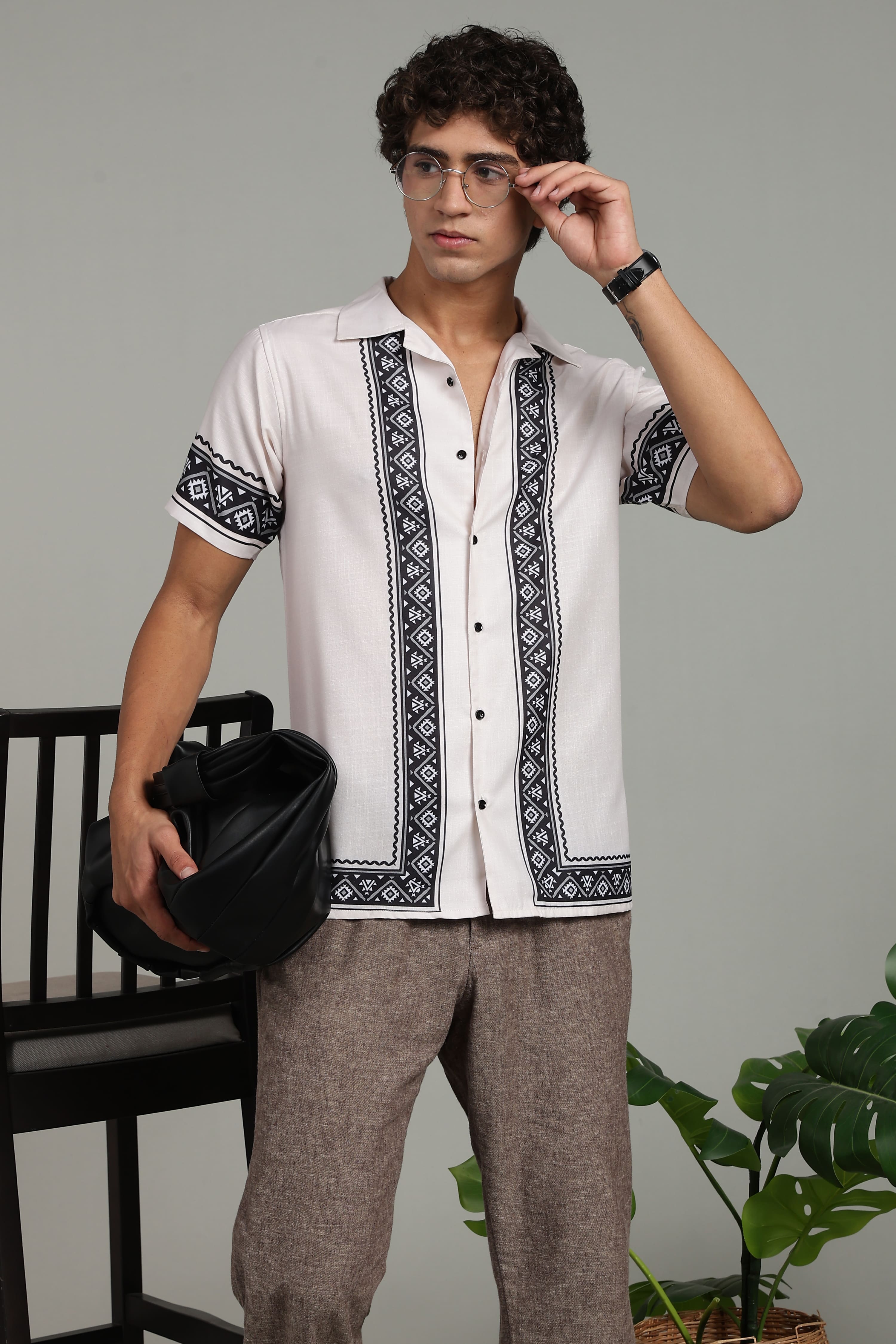 Men’s Premium Off-White Black Ethnic Panel Print Shirt