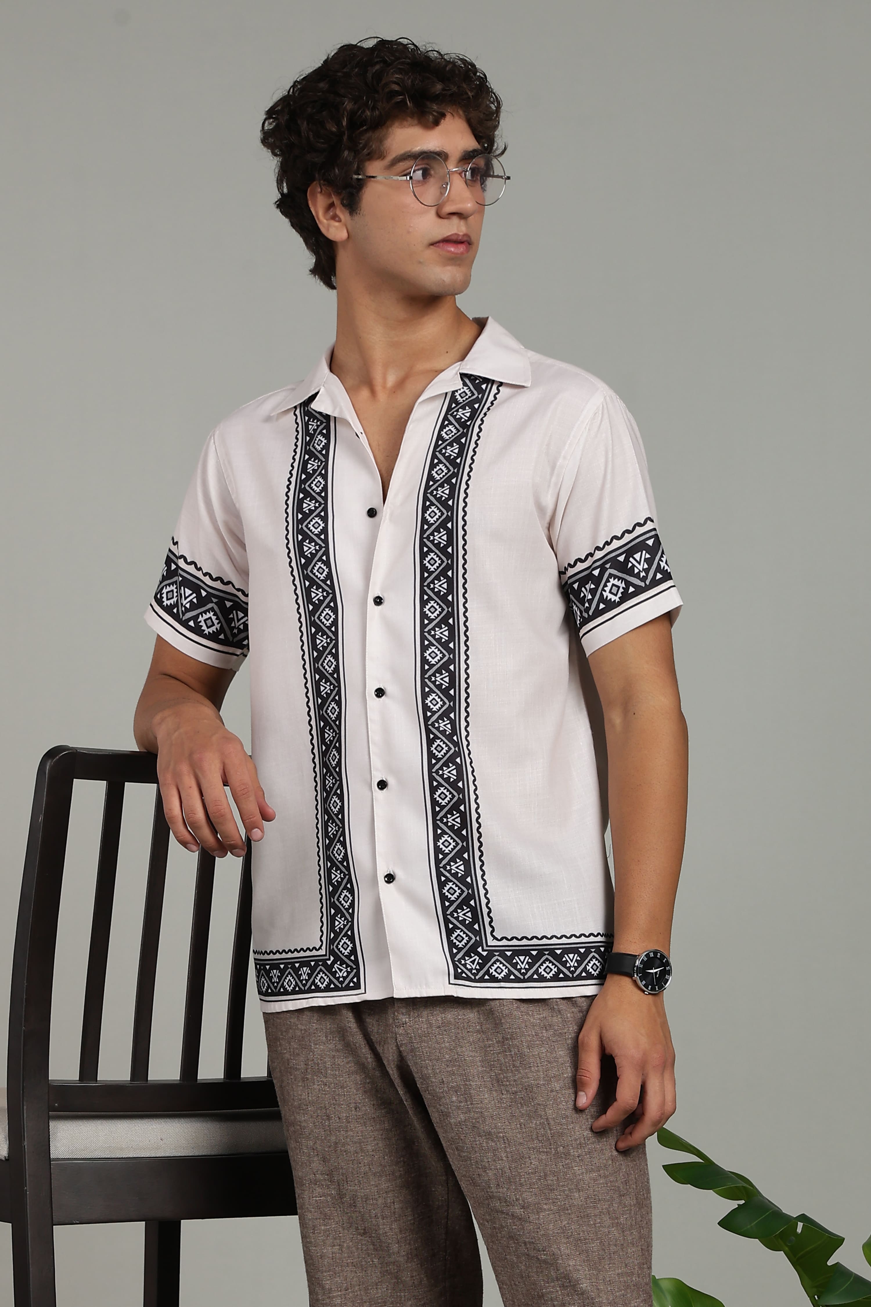 Men’s Premium Off-White Black Ethnic Panel Print Shirt