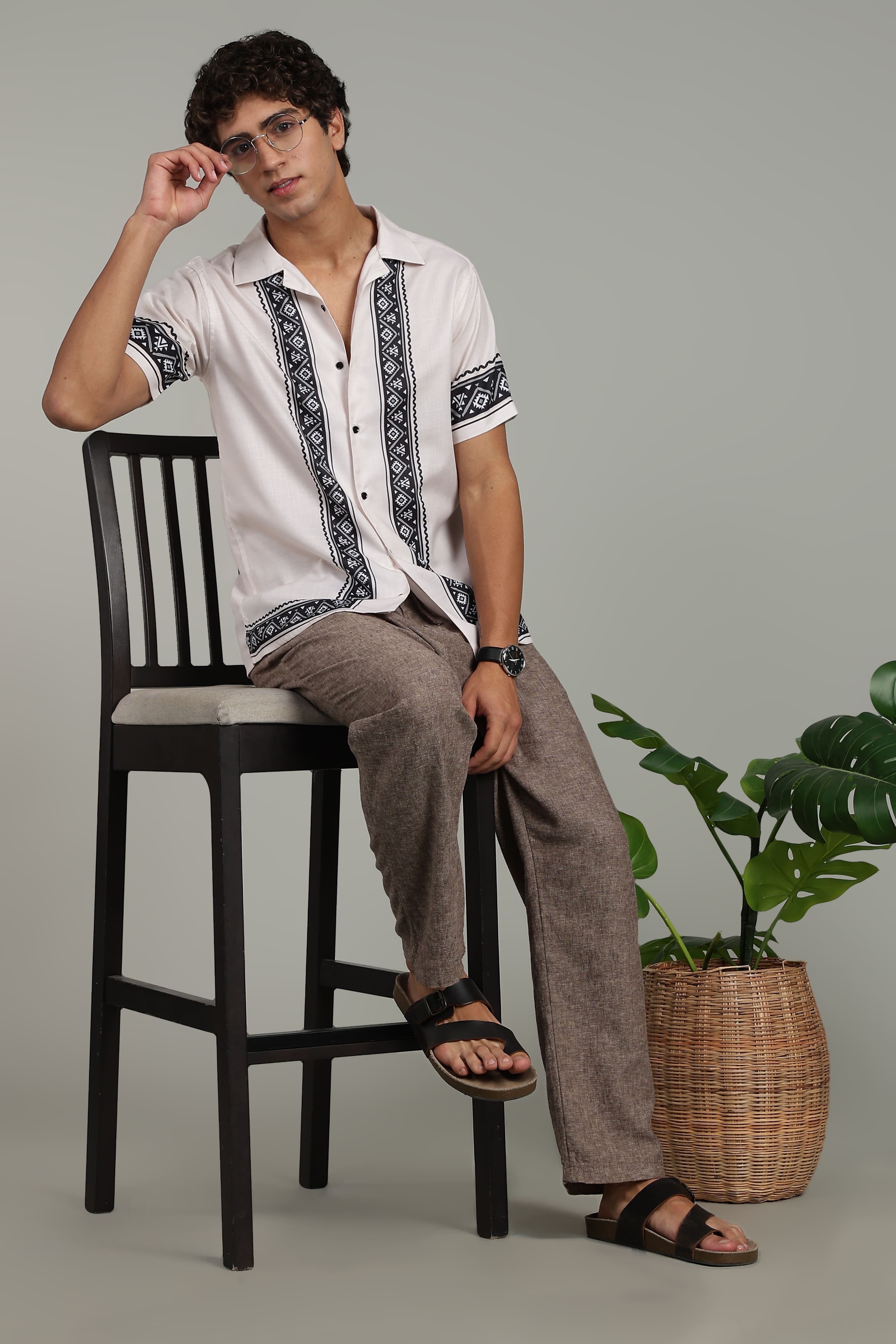 Men’s Premium Off-White Black Ethnic Panel Print Shirt
