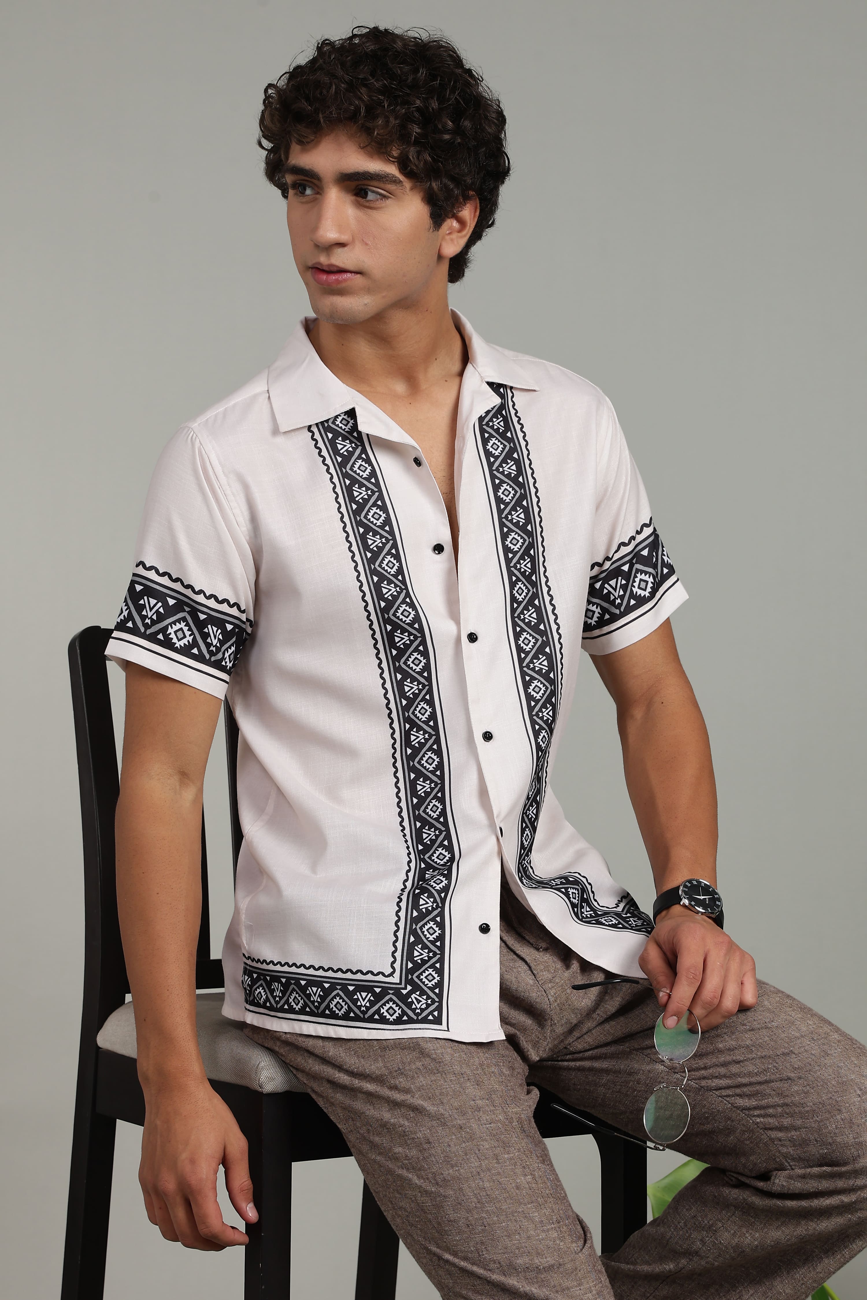 Men’s Premium Off-White Black Ethnic Panel Print Shirt