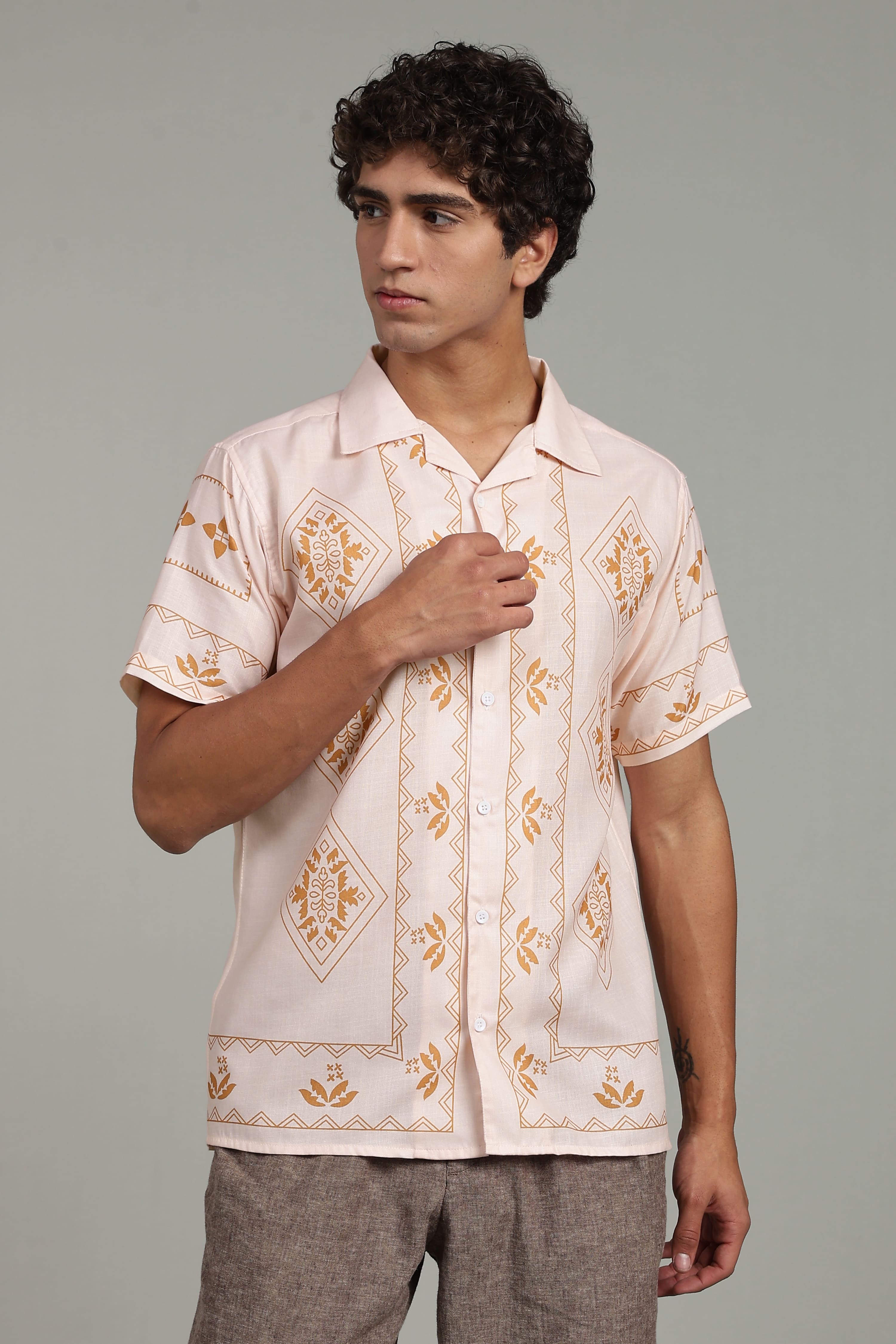 Men’s Premium Beige Ethnic Print Casual Shirt