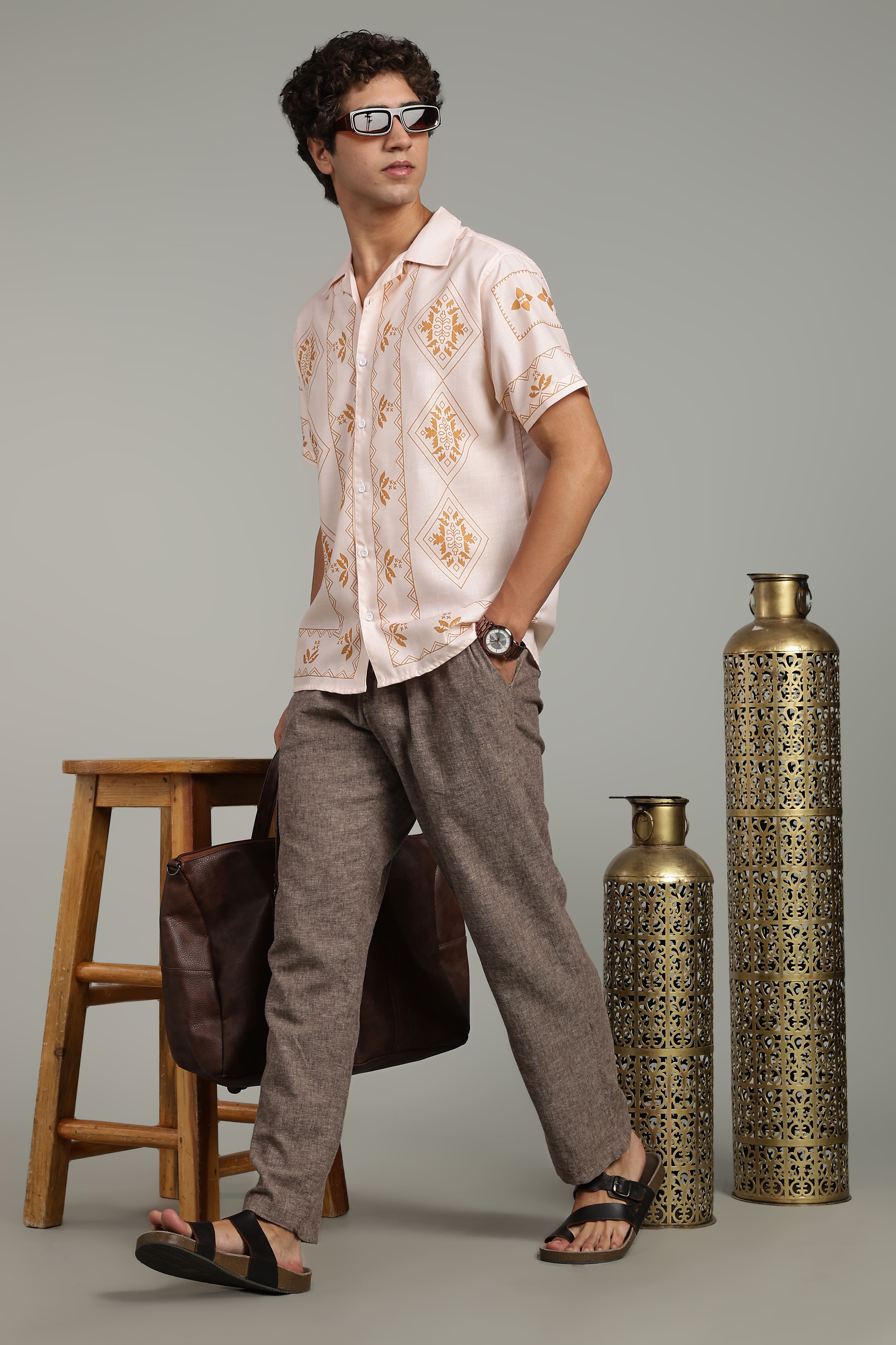 Men’s Premium Beige Ethnic Print Casual Shirt