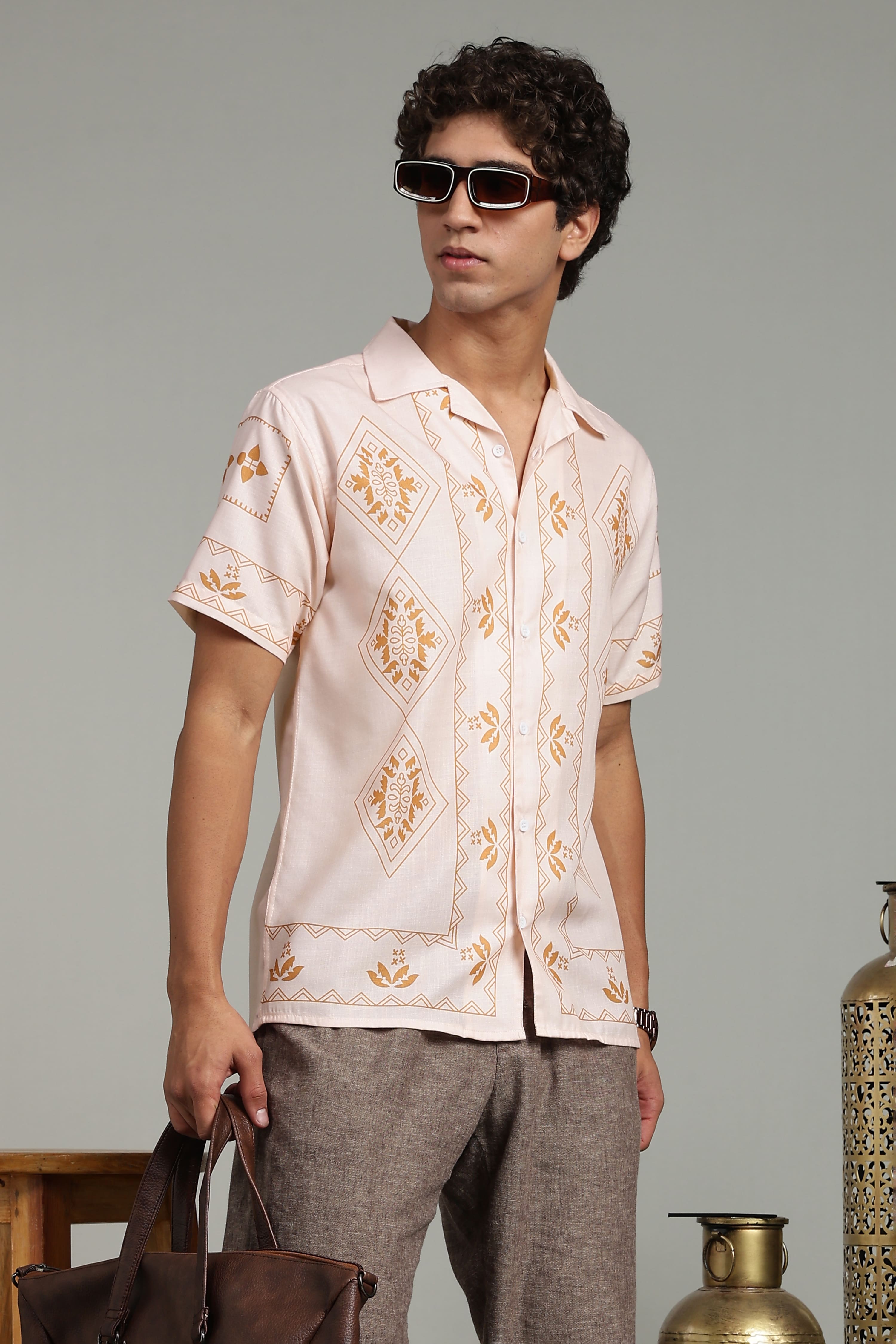 Men’s Premium Beige Ethnic Print Casual Shirt