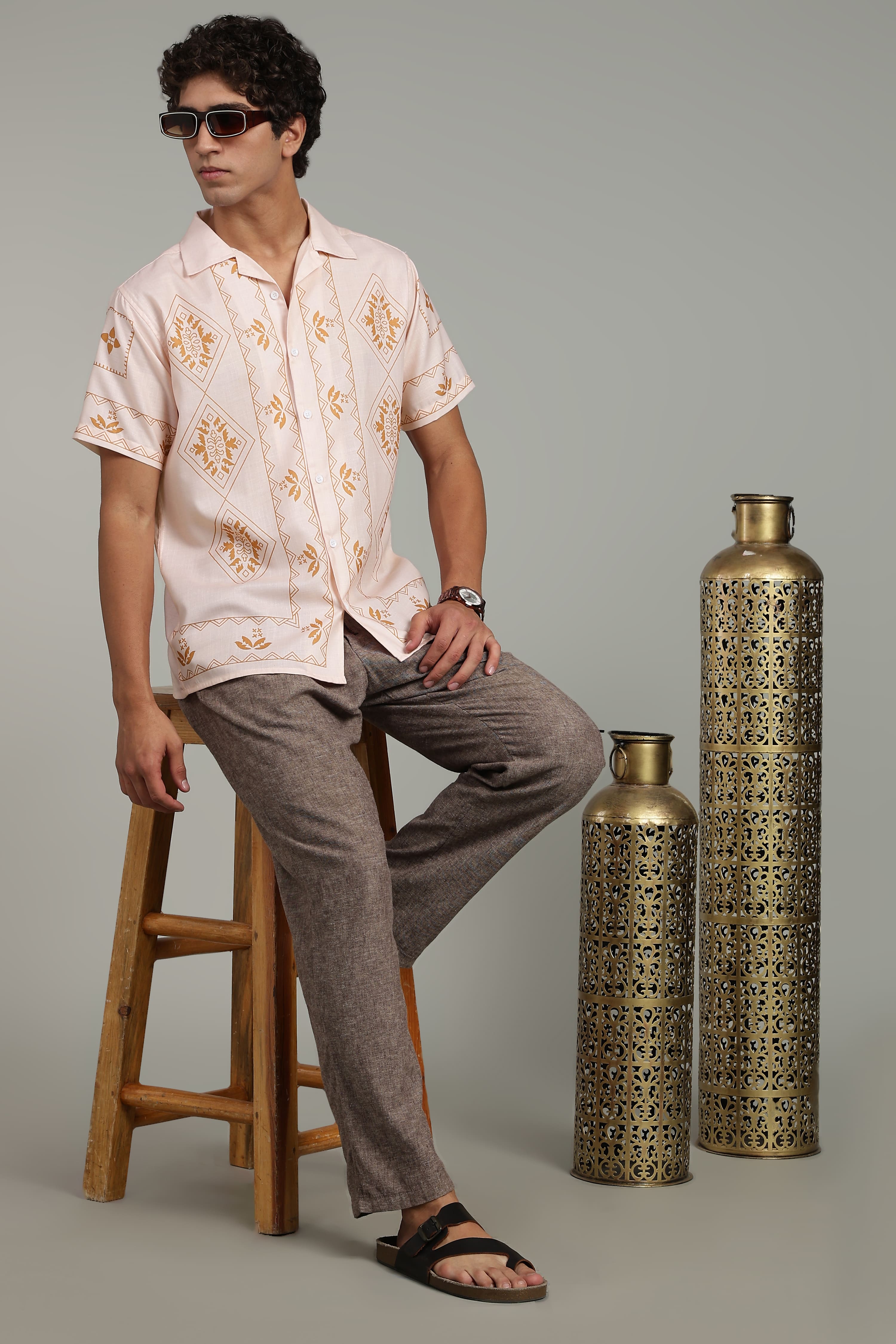 Men’s Premium Beige Ethnic Print Casual Shirt