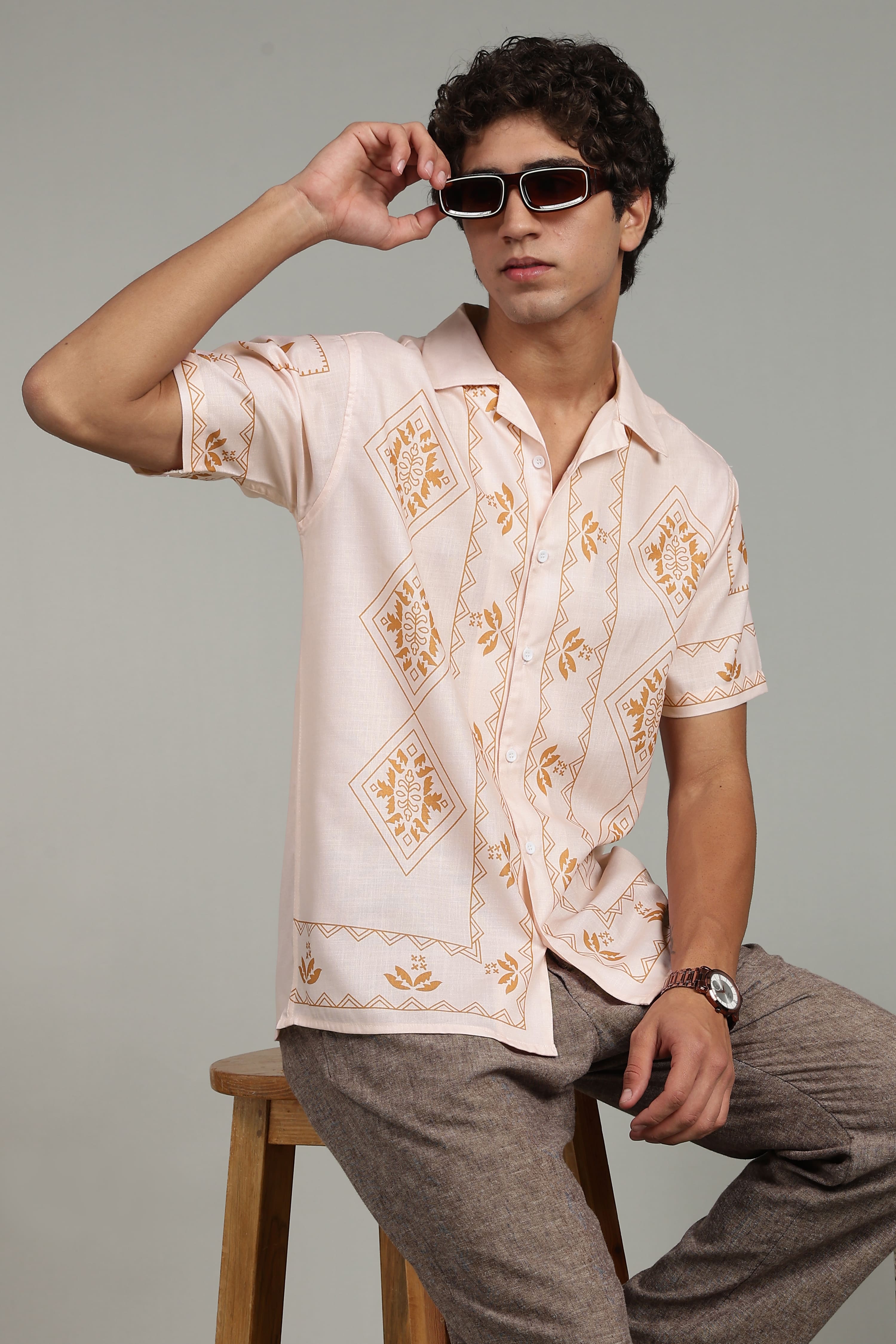 Men’s Premium Beige Ethnic Print Casual Shirt