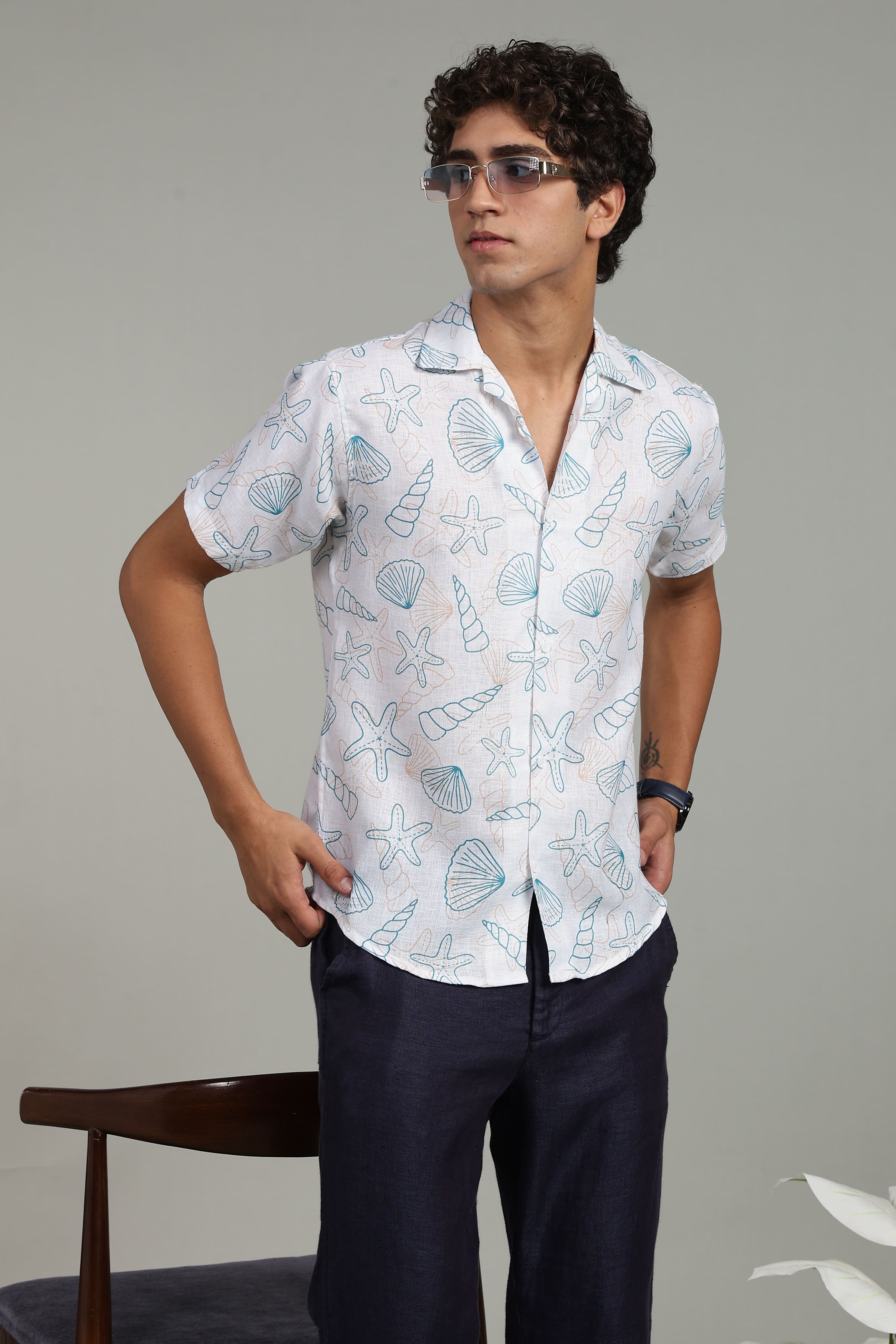 White Seashell Printed Men's Shirt
