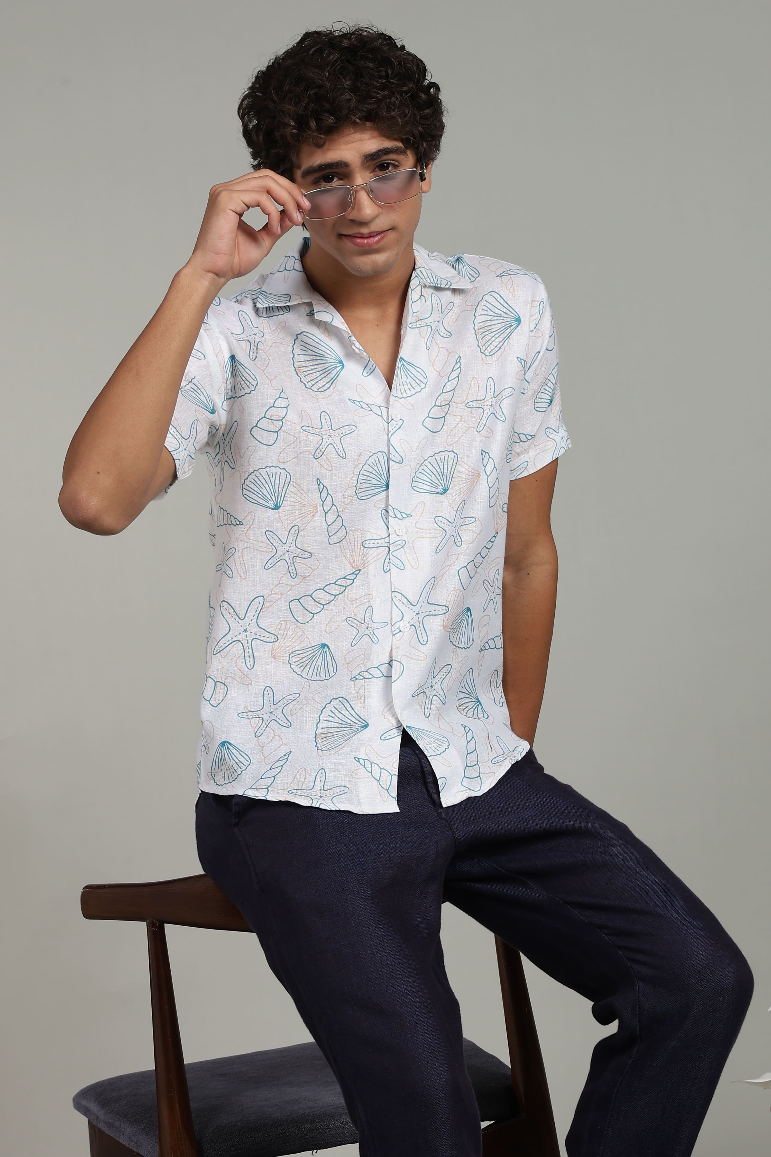 White Seashell Printed Men's Shirt
