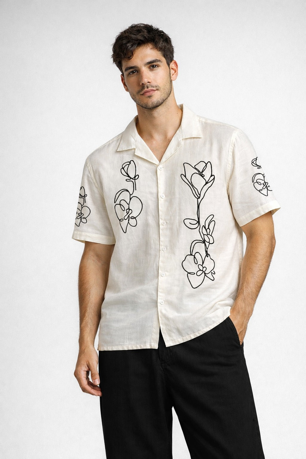 Ivory Floral Line Art Printed Shirt