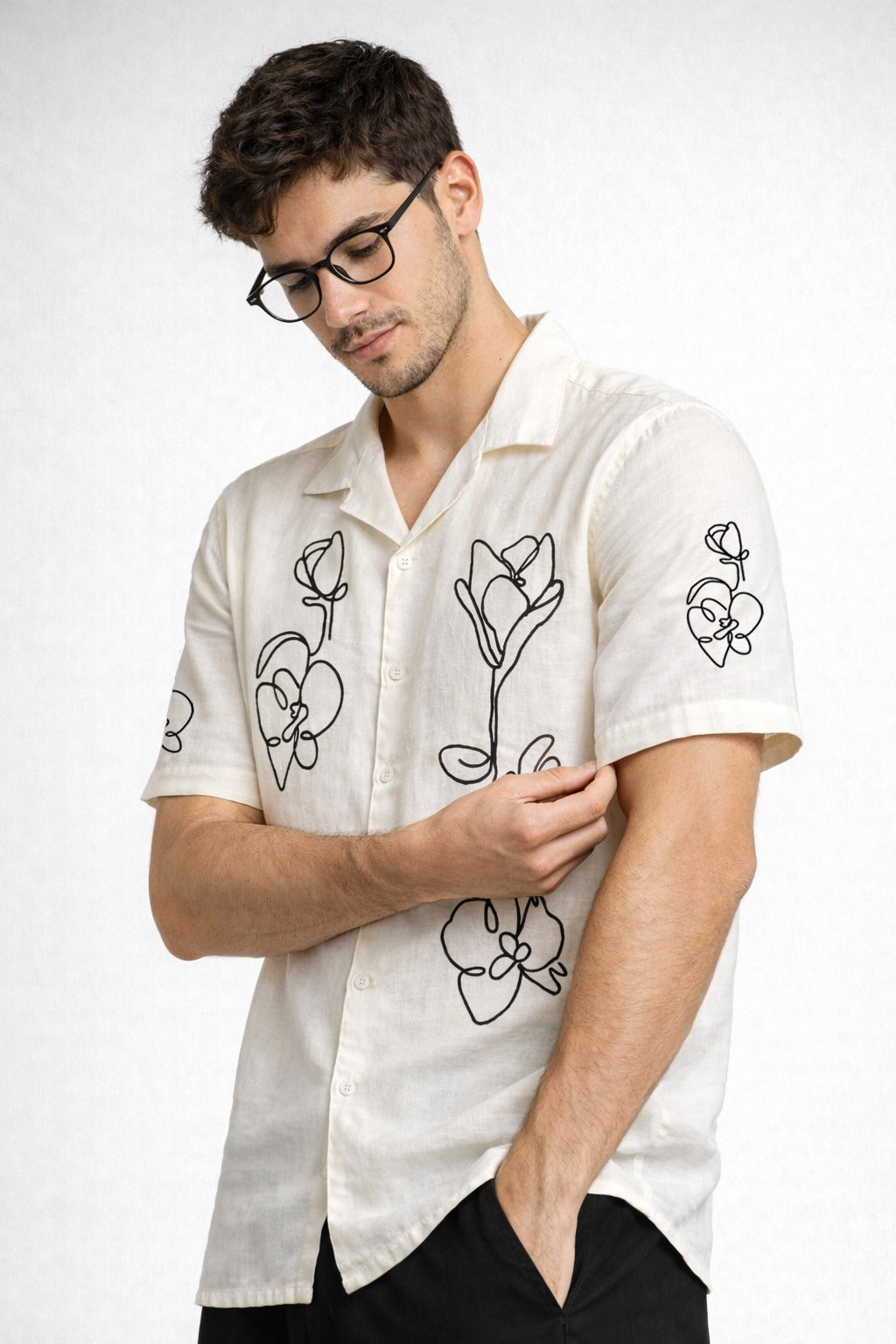 Ivory Floral Line Art Printed Shirt